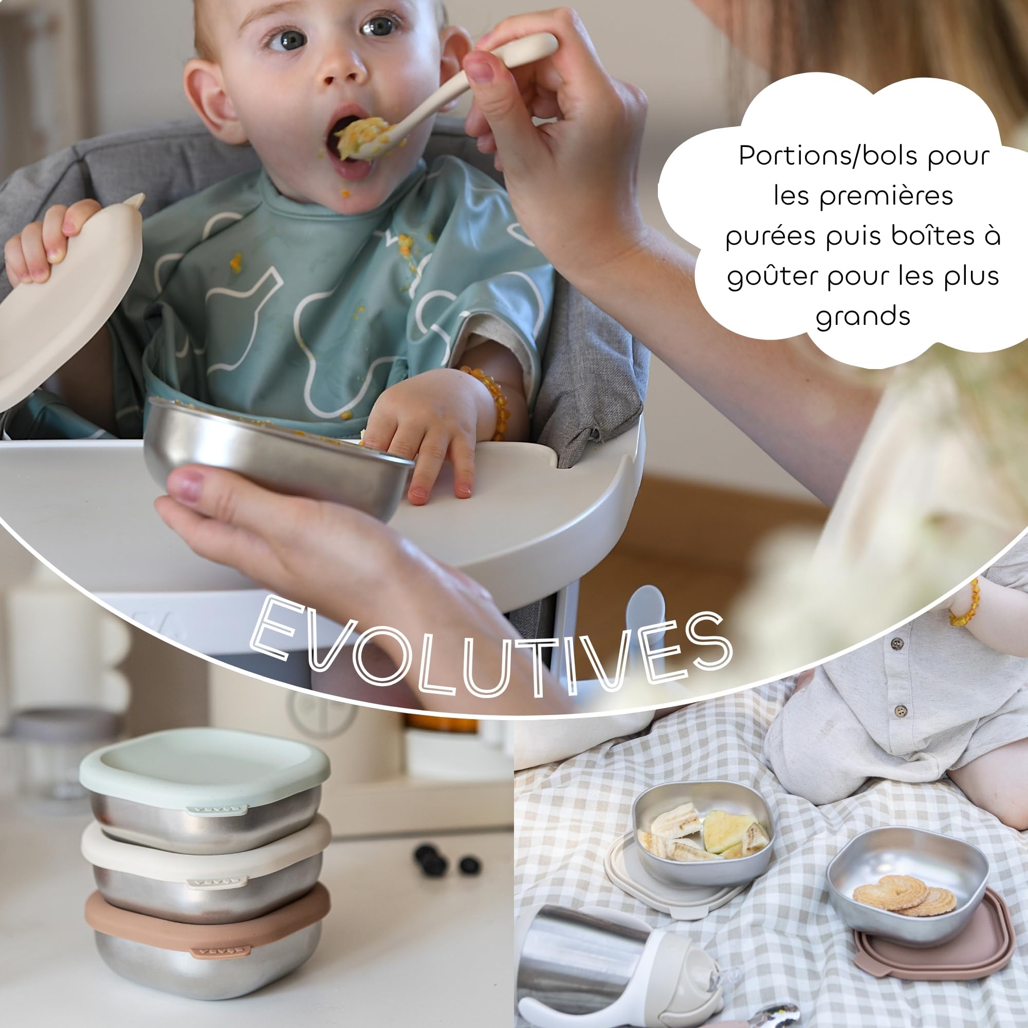 BÉABA, Lot 3 Pots Repas Bébé Inox, Portions Évolutives Purées & Goûters, Hermétiques, Incassables, Micro-ondes & Congélateur, Sans BPA, Sans Odeur, Boîtes de Conservation Durables, 250 mL, Natural Set