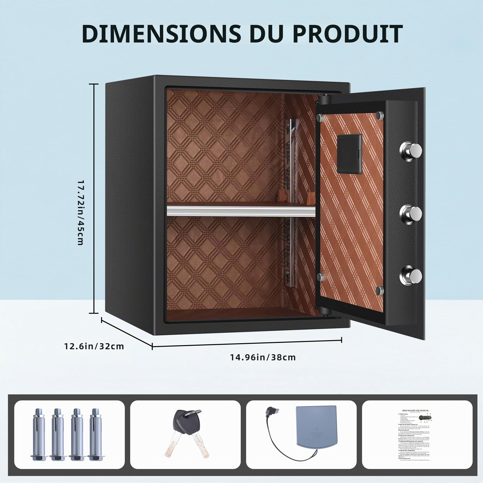 HSGCJS Grand coffre-fort pour empreintes digitales – 0,5 m³, boîte biométrique à empreintes digitales avec clavier numérique, coffre-fort de sécurité avec lumière à induction et cuir, tirelire pour
