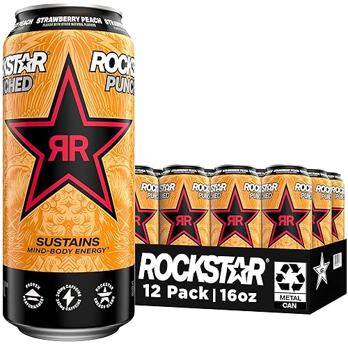 Rockstar Energy Drink - Melocotón de fresa perforada latas de 16 onzas paquete de 12