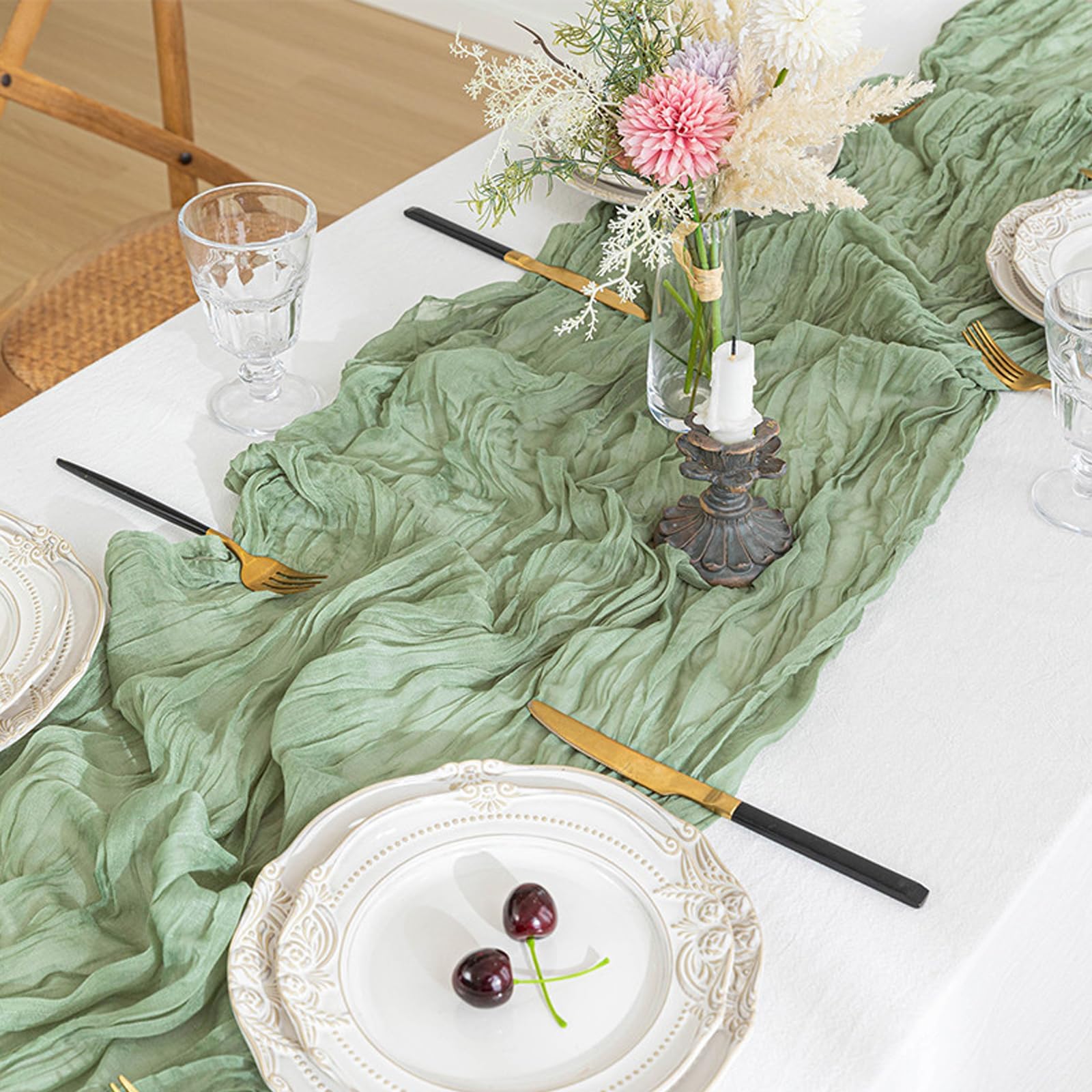 Tischläufer Grün, 10 Stück Salbeigrün Käsetuch, Seihtuch Tischdeko Geburtstag für Boho, Hochzeit, Party Geburtstag Dekoration 90 x 300 cm