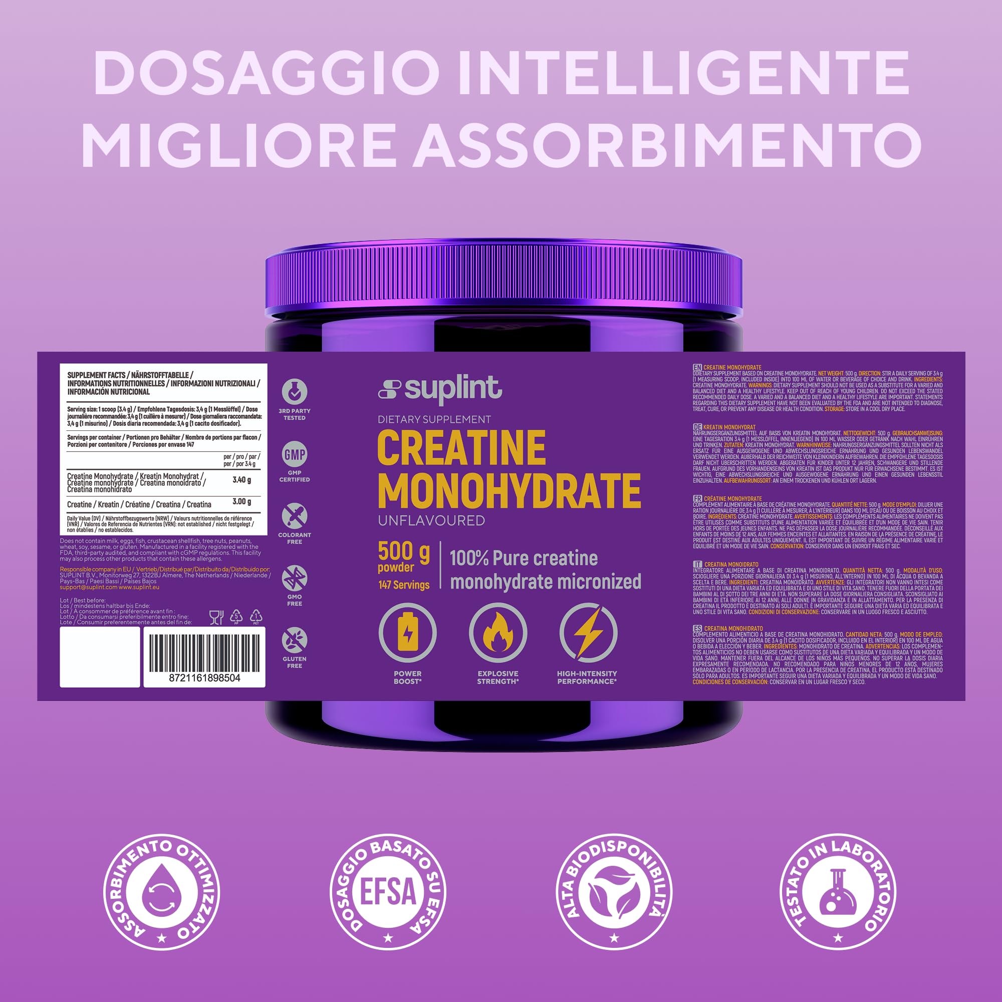 Polvere di Creatina Monoidrata 500 g – 147 Porzioni – 100 % Creatina Monoidrato Pura – Qualità Micronizzata – Vegano, Senza OGM – Integratore Sportivo per Forza, Muscoli & Recupero