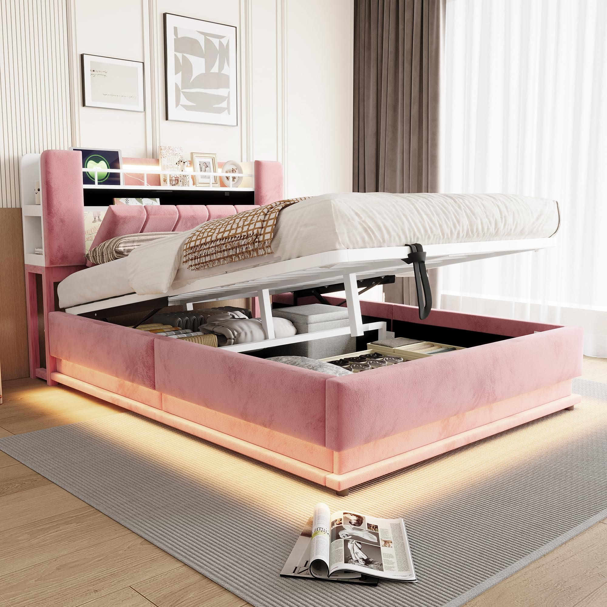 Cama tapizada inteligente de 140 x 200 cm con iluminación LED, USB y almacenamiento hidráulico, funda de terciopelo suave y marco de metal, color rosa