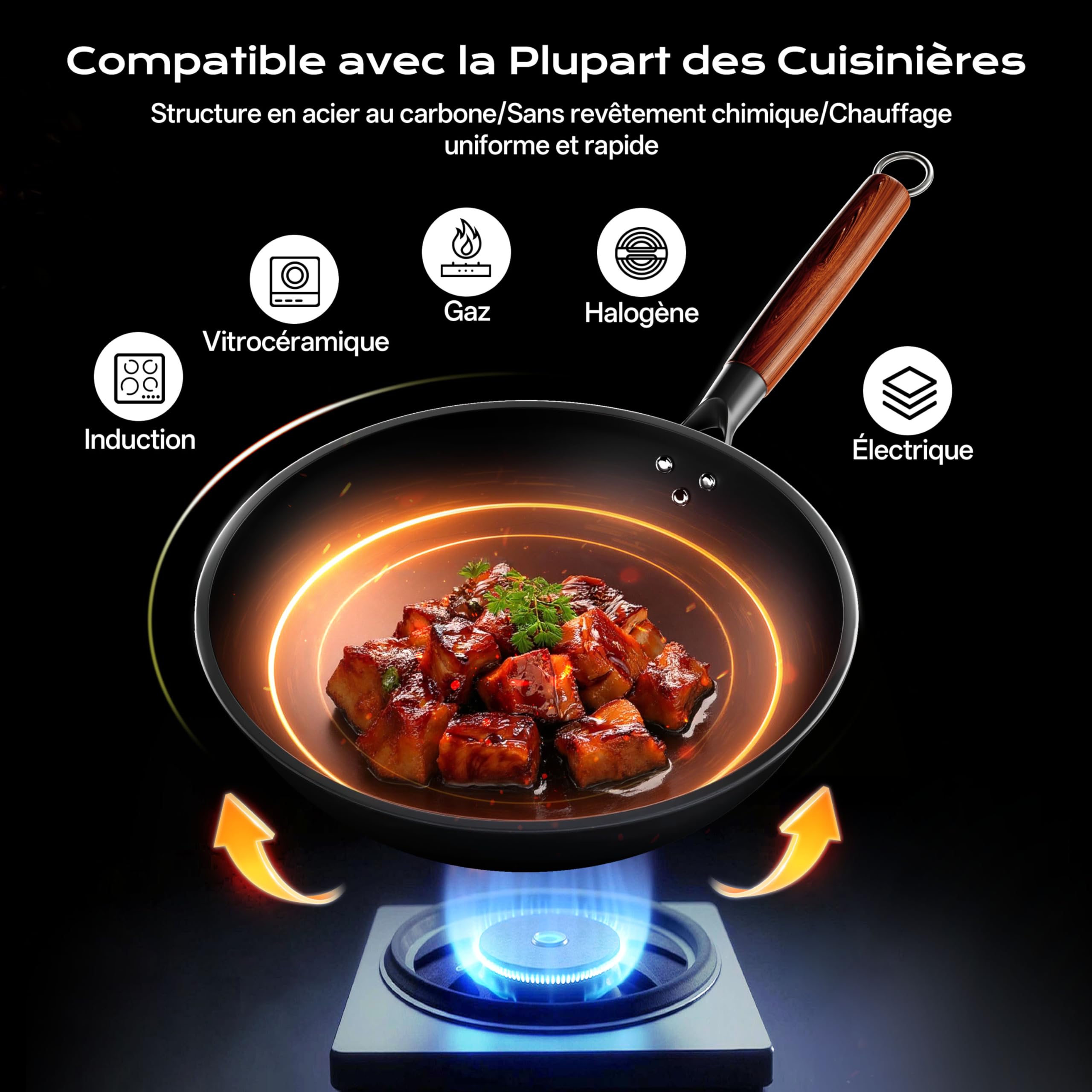 33cm Wok avec Couvercle et Spatule en Silicone, Convient pour la Préparation de Plats pour 3-6 Personnes, Wok Induction avec les Plaques de Cuisson à Induction, électriques et à Gaz