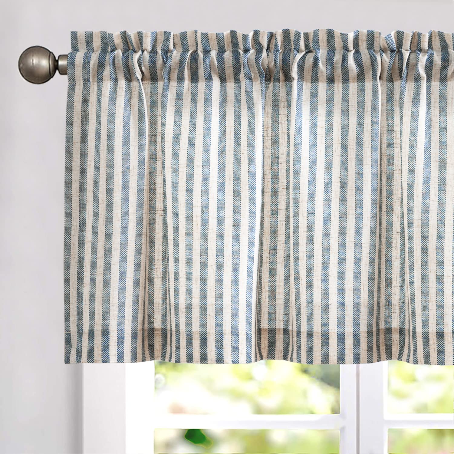 Photo 1 of jinchan Valance Curtain Linen Textured Striped Window Curtain for Living Room Light Filtering Farmhouse Valance for Kitchen Rod Pocket 1 Panel 16 Inch Blue on Linen 1 Panel