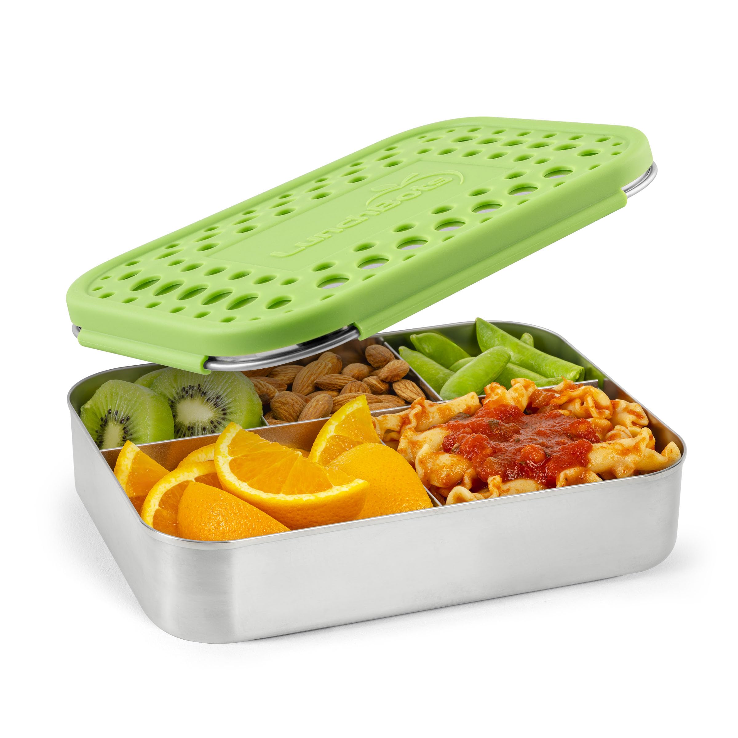 LunchBots Large Cinco Stainless Steel Lunch Container - Five Section Design Holds a Variety of Foods - Metal Bento Box - Dishwasher Safe - Stainless Lid - Green Dots