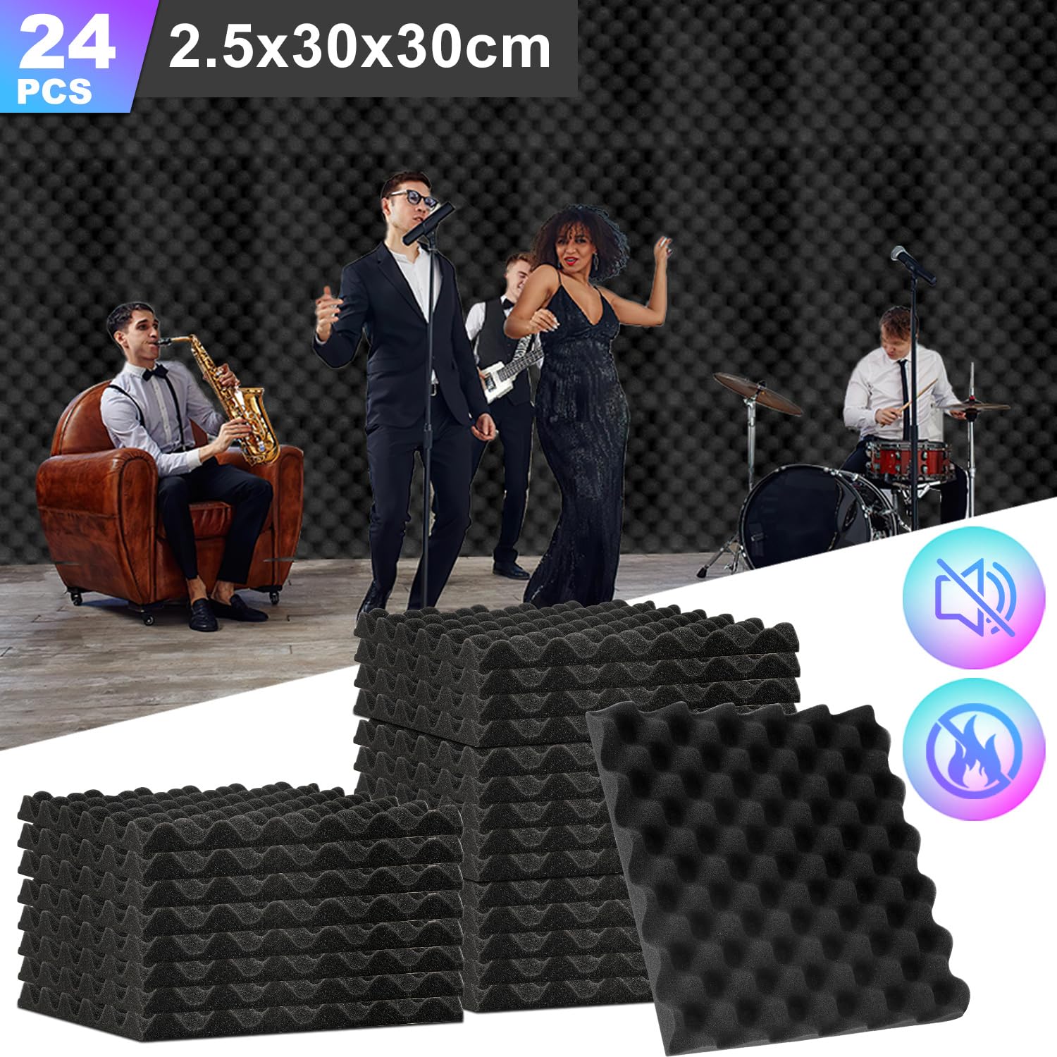 Sonnewelt 24 pannelli fonoassorbenti, 2,5 x 30 x 30 cm, in schiuma fonoassorbente, isolamento acustico, pannelli acustici per studio di registrazione, podcast, gaming, decorazione a onde
