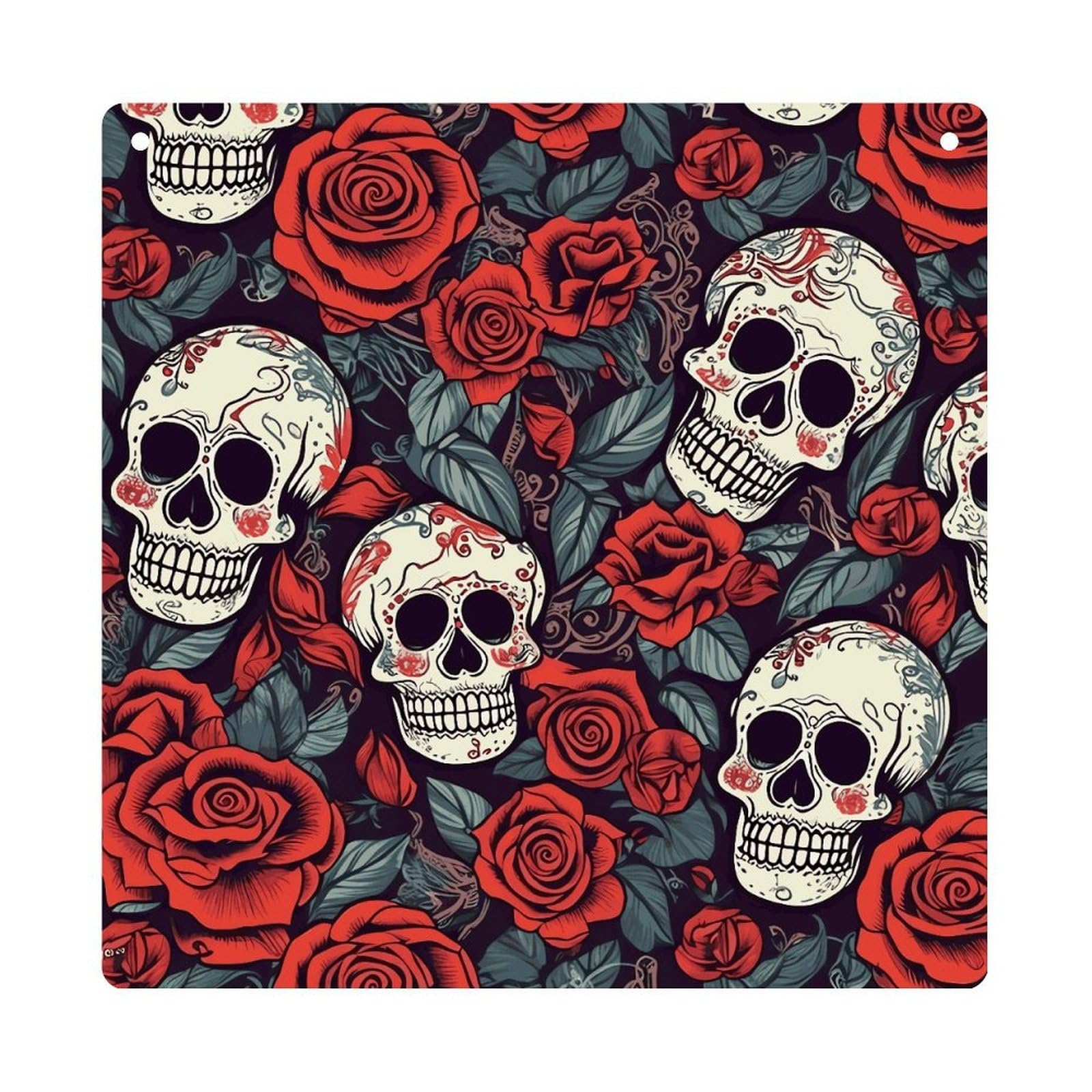 Adfgyerh Style Sugar Skulls And Red Roses Hanging Ornaments Window Hanging Modern Acrylic Decor For Living Room Bedroom Dining Room Hallway Office Wall Decor, 8X8 In