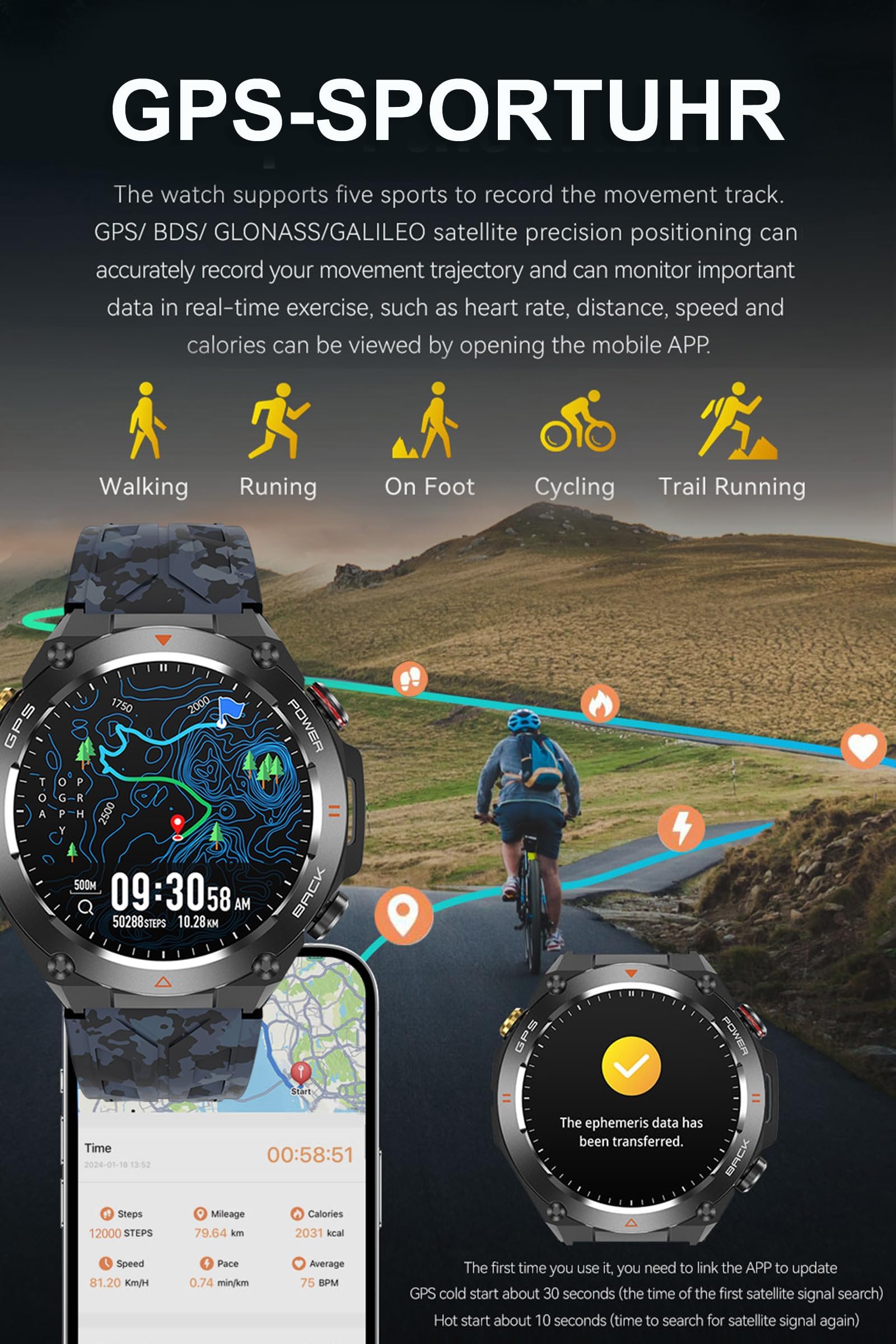 findtime Orologio da polso da uomo e da donna, GPS, orologio militare con bussola, barometro, funzione di telefono, tracker del sonno, fitness, contapassi, orologio sportivo per attività all'aria