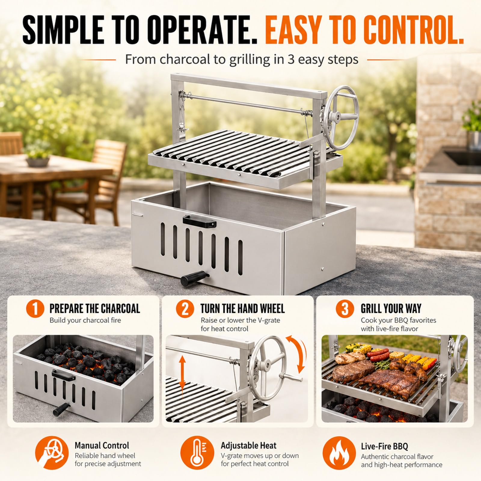 Barbecue Santa Maria Stile Argentino, griglia a V Regolabile con manovella, Acciaio Inox per Cottura a carbonella, Giardino, terrazza e Uso Esterno