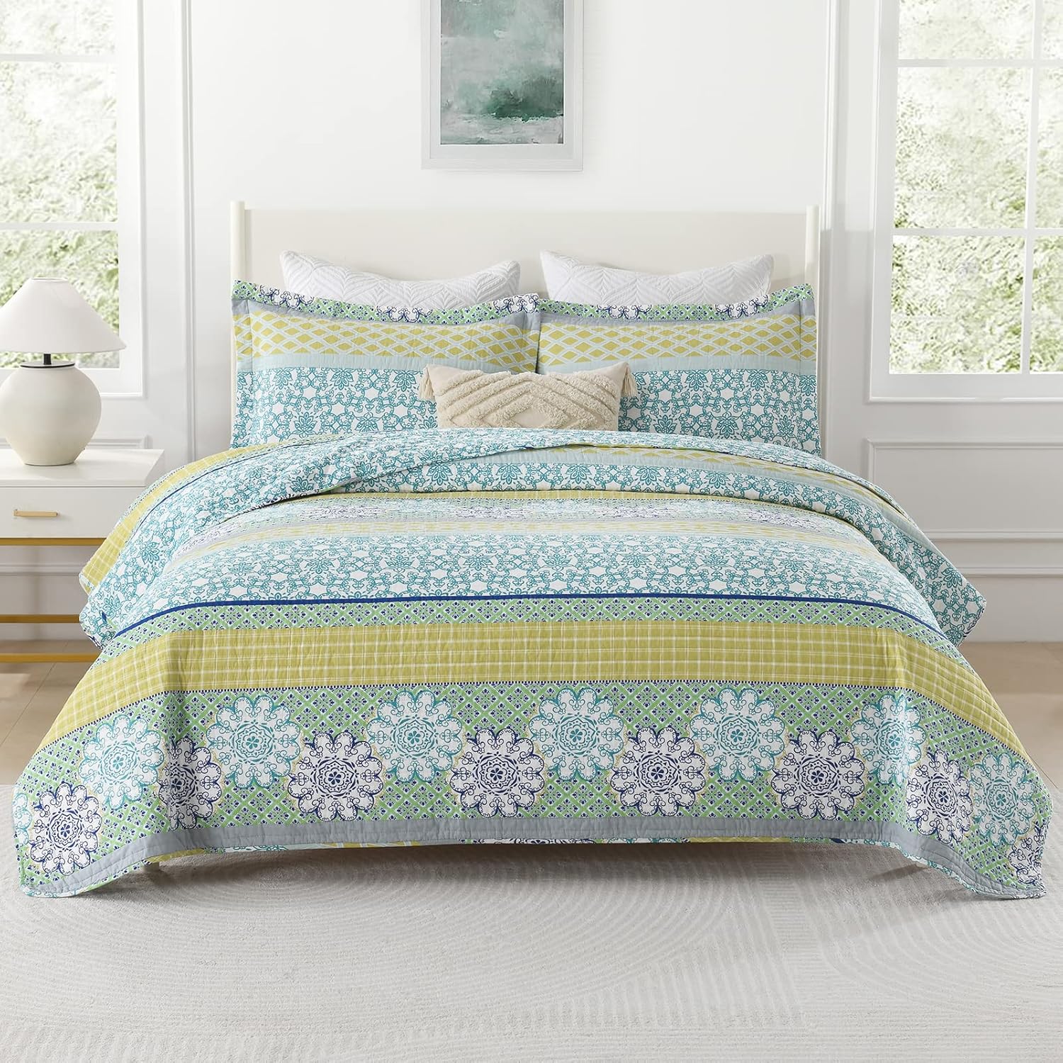 PERHOM Quilt King Size 100 Cotton King Spa Green Floral