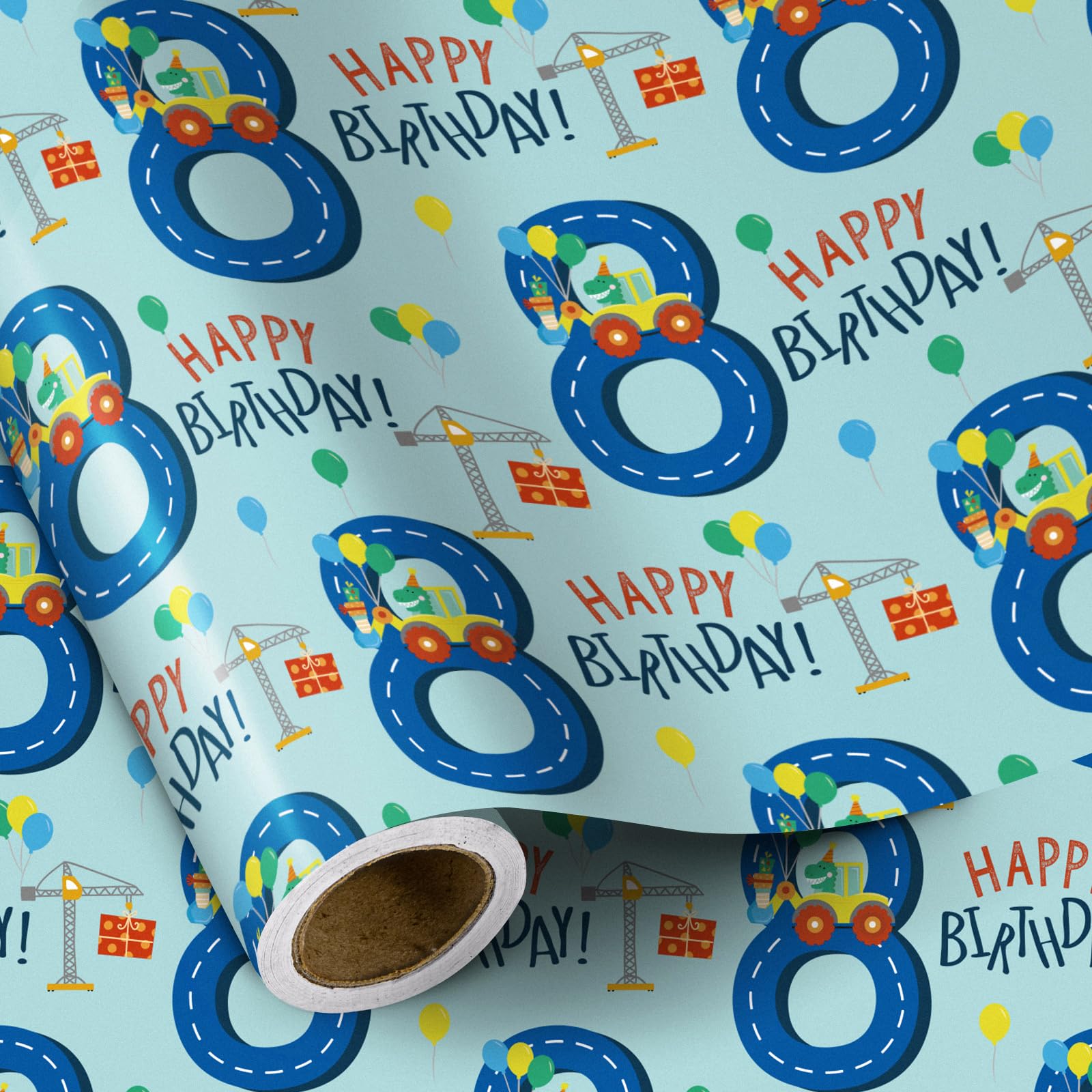 RUSPEPA Birthday Wrapping Paper for Boy - Mini Roll - Dinosaur Truck Happy Birthday Design - 43.2cm x 5m - 8 Year Old