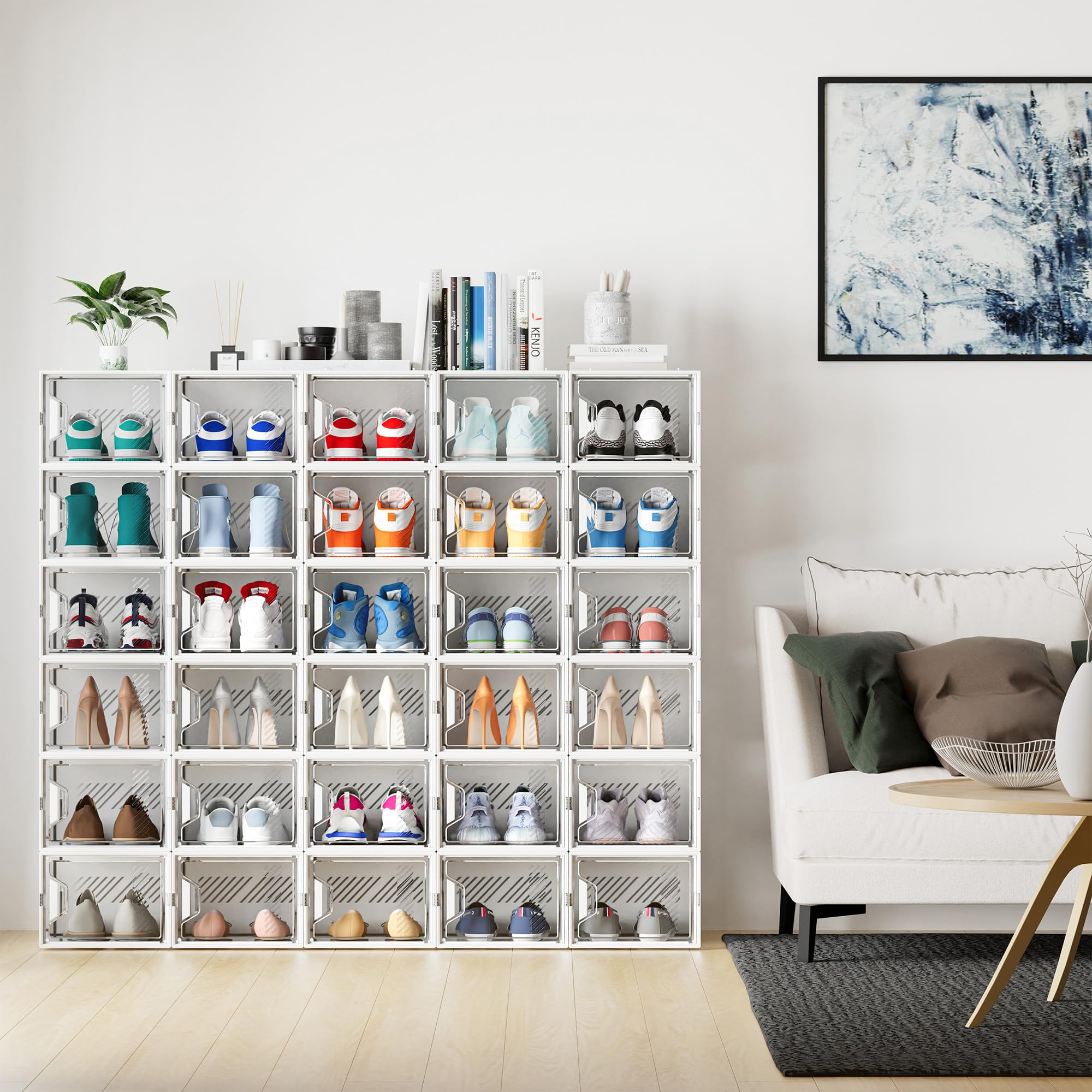 SIMPDIY Schuhboxen Stapelbar Transparent, 12er Pack Schuhkarton mit Deckel, Schuhaufbewahrung für Stöckelschuhe, Stiefeletten, Pumps, High Tops, bis Größe 46