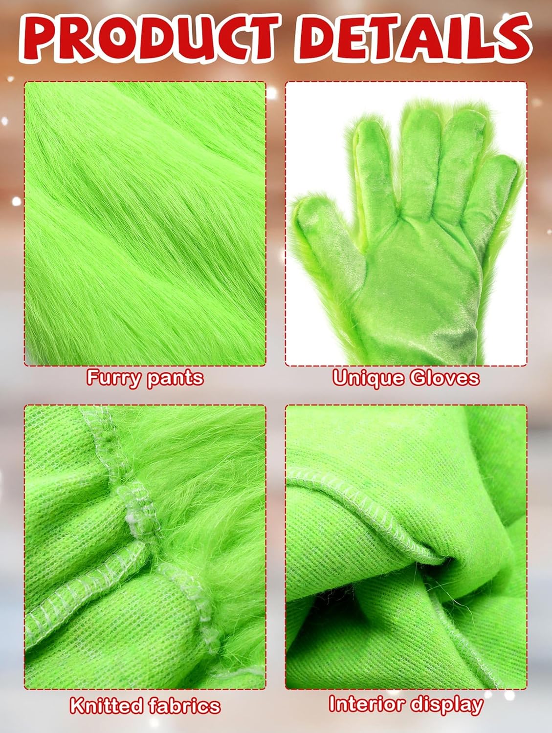 Christmas Green Big Monster Costume for Men, 11PCS Deluxe Furry Santa Claus Costume Suit with Mask - Image 6