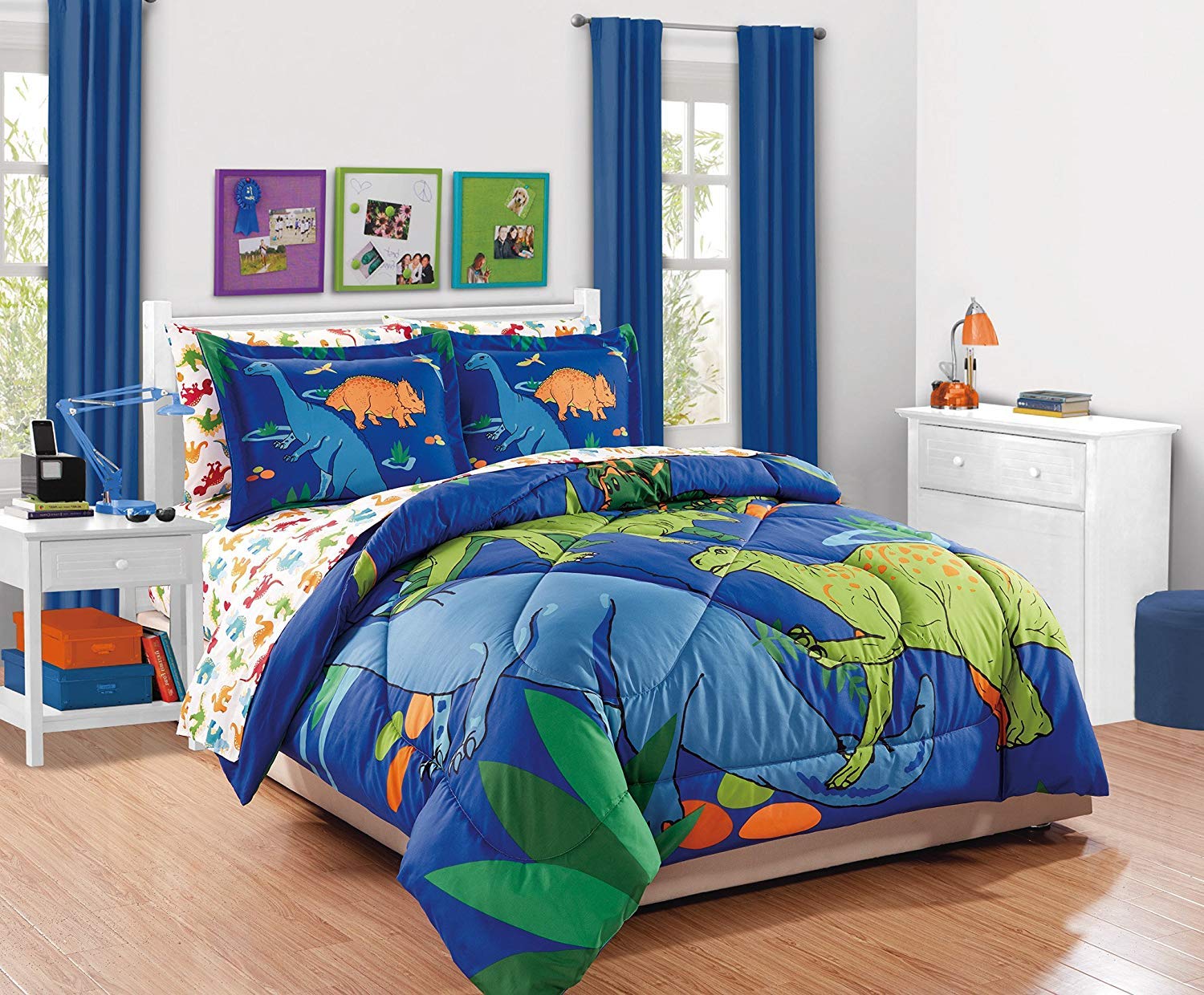 Fancy Linen Boys Comforter Set Dinosaurs White Blue Orange Green Red New # Dinosaur White