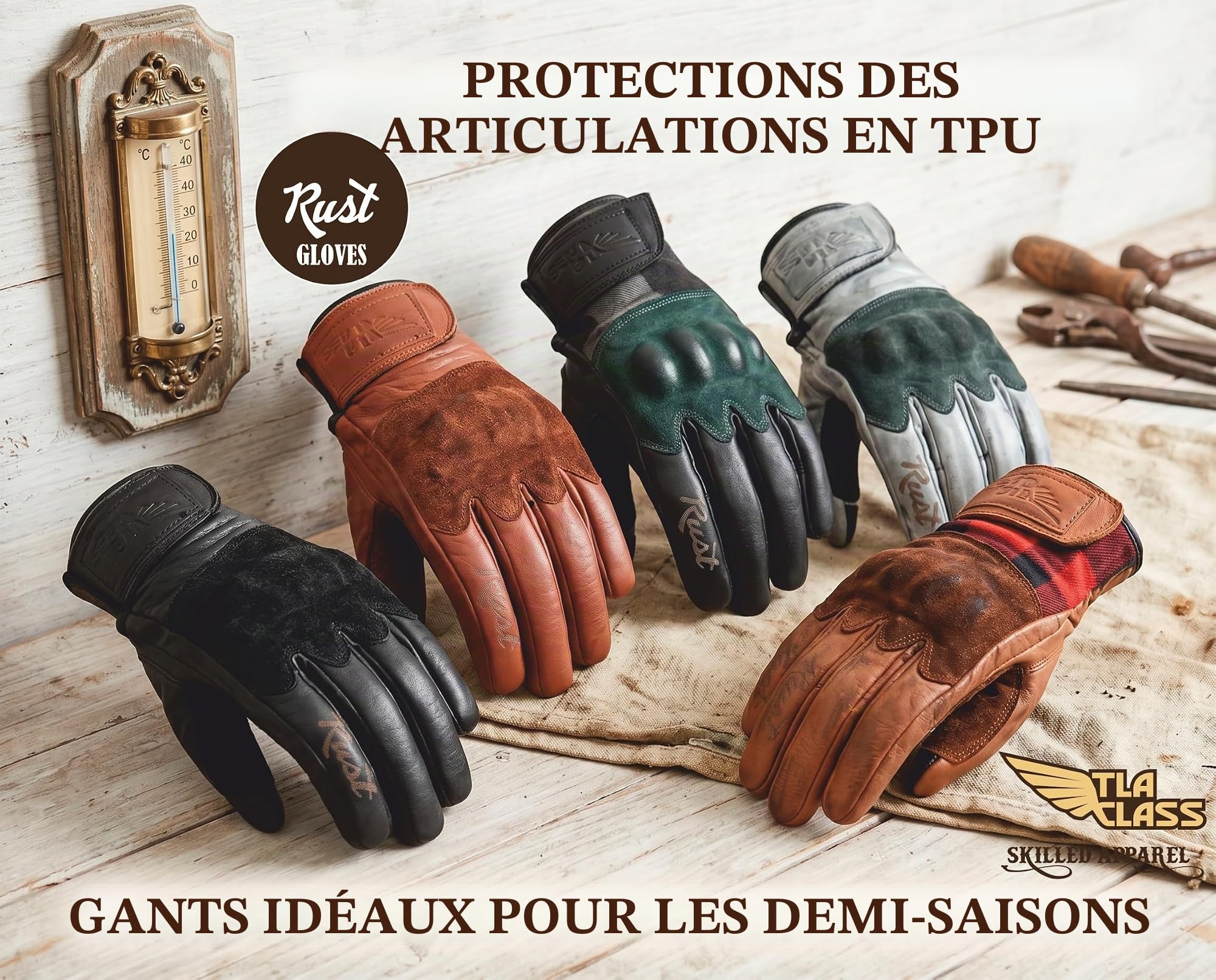 TLA Rust Gants de Moto Vintage en Cuir, Protections des articulations, homologuées CE, 2XS à 4XL pour Hommes et Femmes, pour cafè Racer, Scooter, écrans tactiles, Protection Contre Les Chocs élevés.