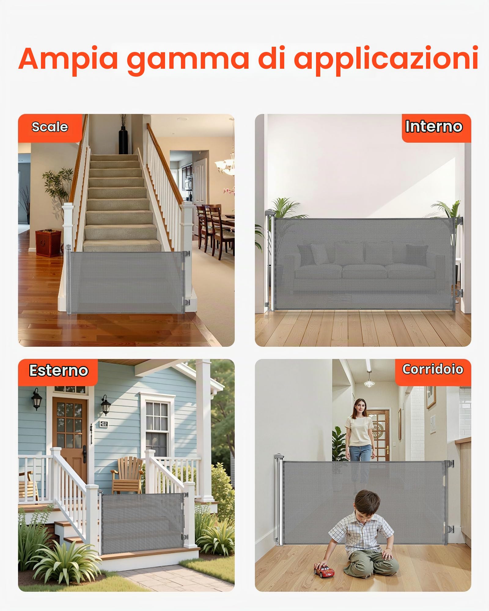 VEVOR Cancelletto Retrattile, Estensibile Fino a 1430 mm di Larghezza, 795 mm di Altezza, con Blocco di Sicurezza, Attraversabile Senza Inciampare, Cancelletto in Rete per Cani Scale, Grigio