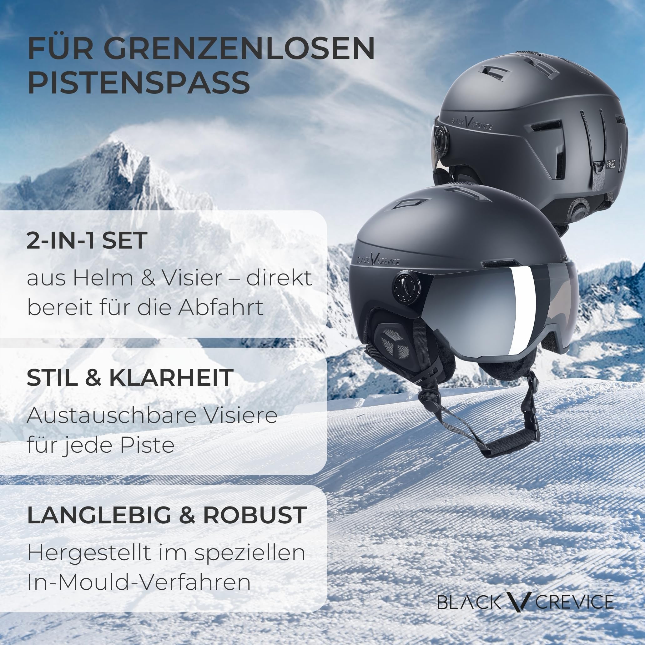 Black Crevice Skihelm Calgary I Skihelm mit Visier im Pilotenstyle I Skihelm Herren & Damen I Skihelm aus Polycarbonat I Atmungsaktiver Ski-Helm I Größenverstellbar