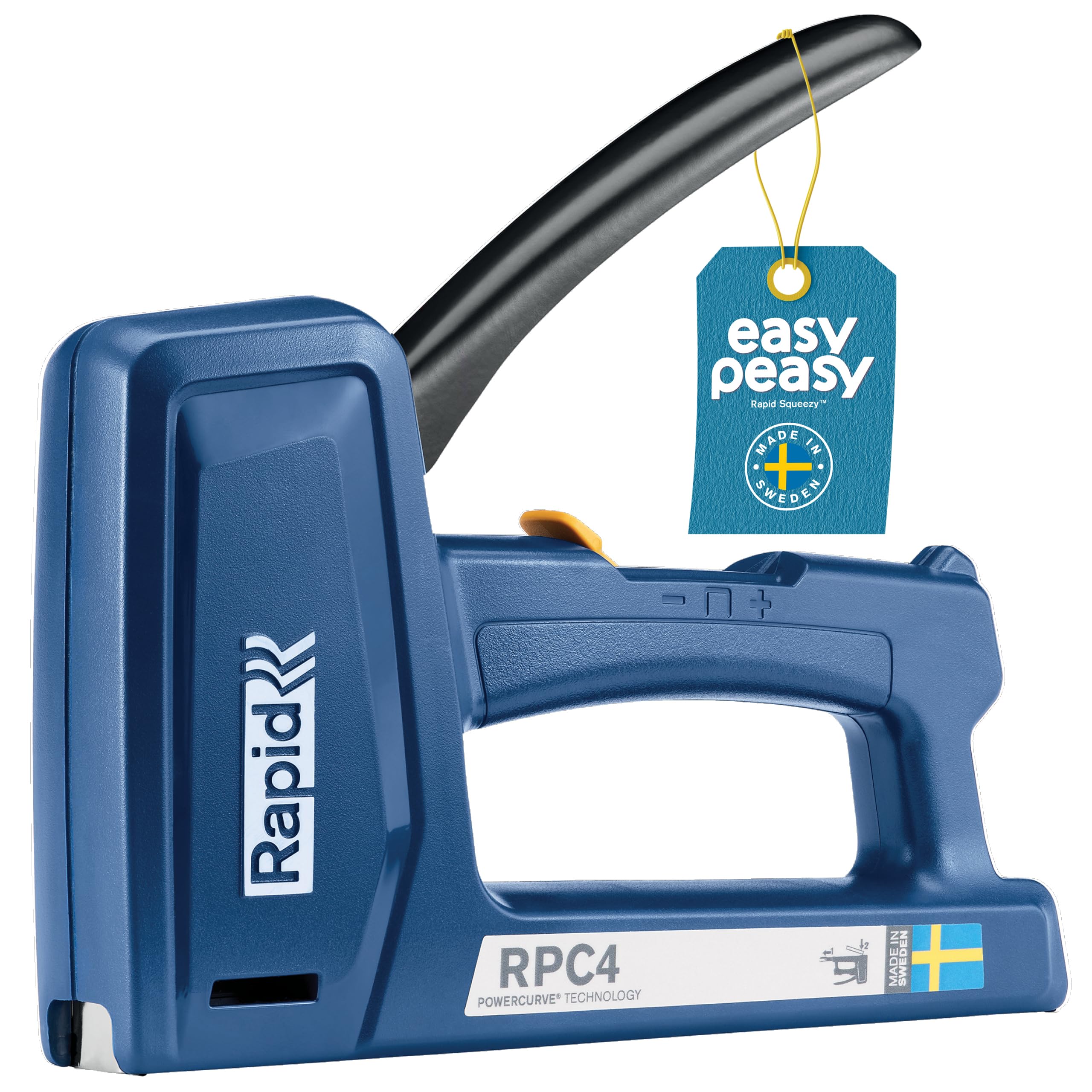 Heavy Duty Staple Gun for Wood - 4-in-1 Wall Stapler - Upholstery Staple Gun - for DIY, Upholstery and Fabric - Staples, Brads & Pins - Made in Sweden - Up to 50% Easier to Squeeze - Rapid RPC4