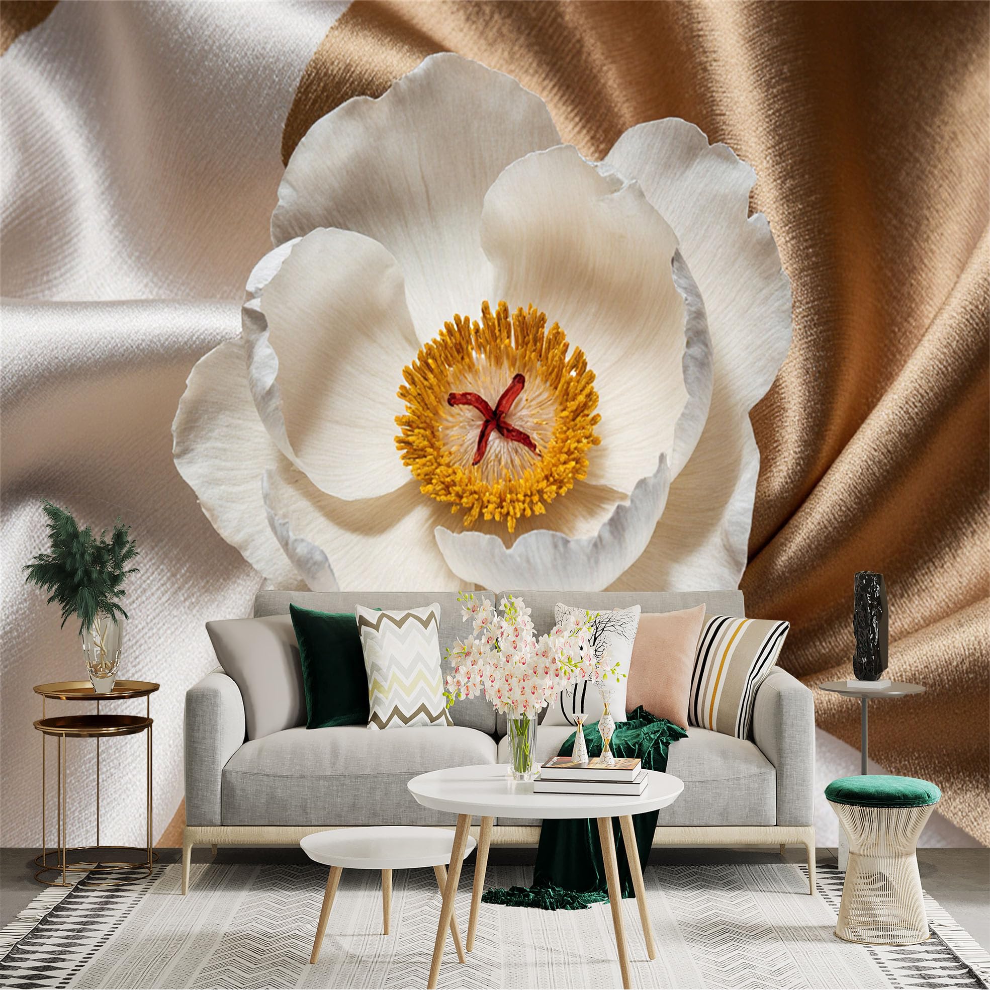 Custom Size Wall Sticker Mural， Elegant White Flower on Silky Fabric， Soft Gold Background， Luxury Floral Art， Botanical Home Decor， for wall Decoration， peelandstick wall Decals.