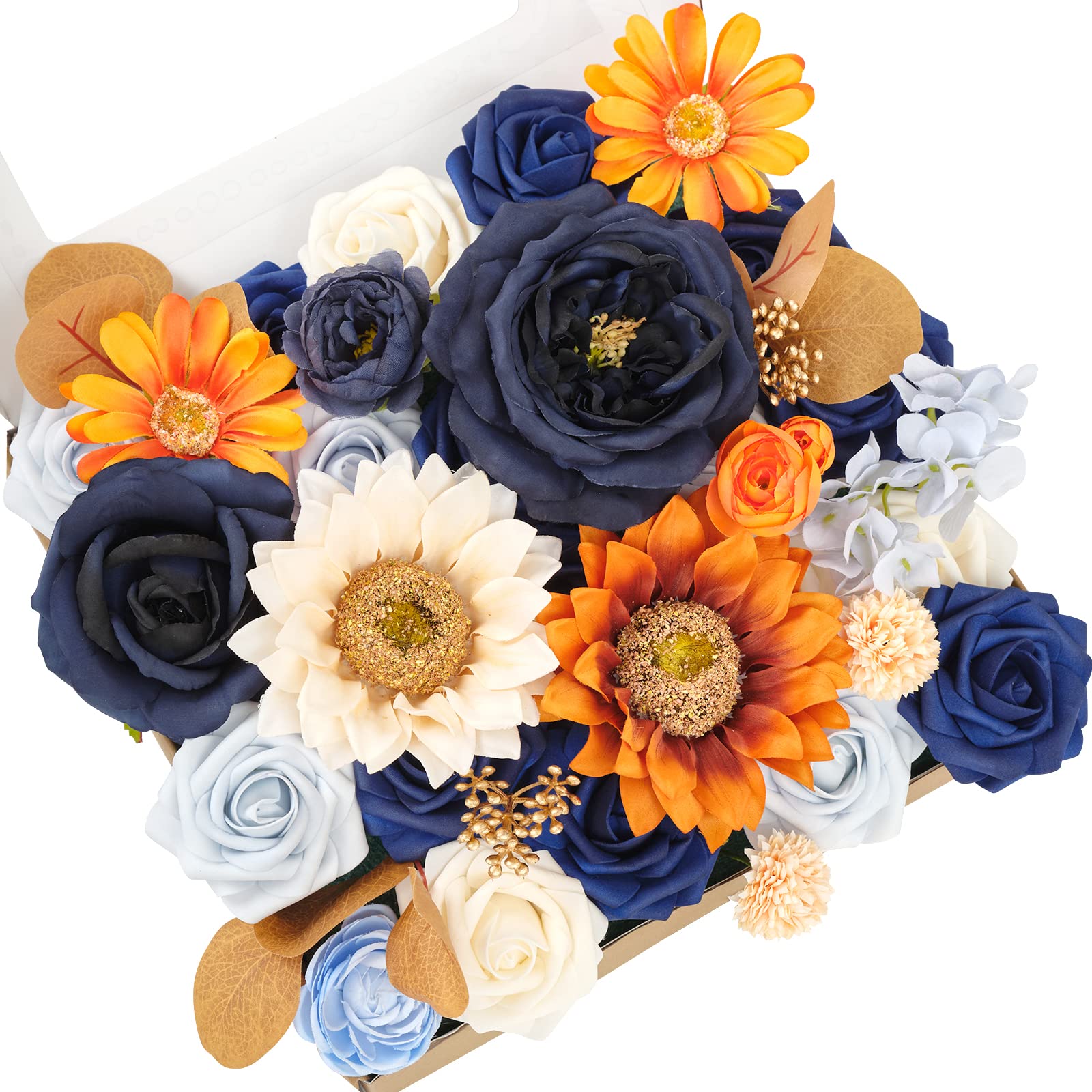 TINGE TIME Artificial Flowers Burnt Orange & Navy Blue Flower Combo for DIY Wedding Bouquets Table Centerpieces Arrangements Party Baby Shower Home