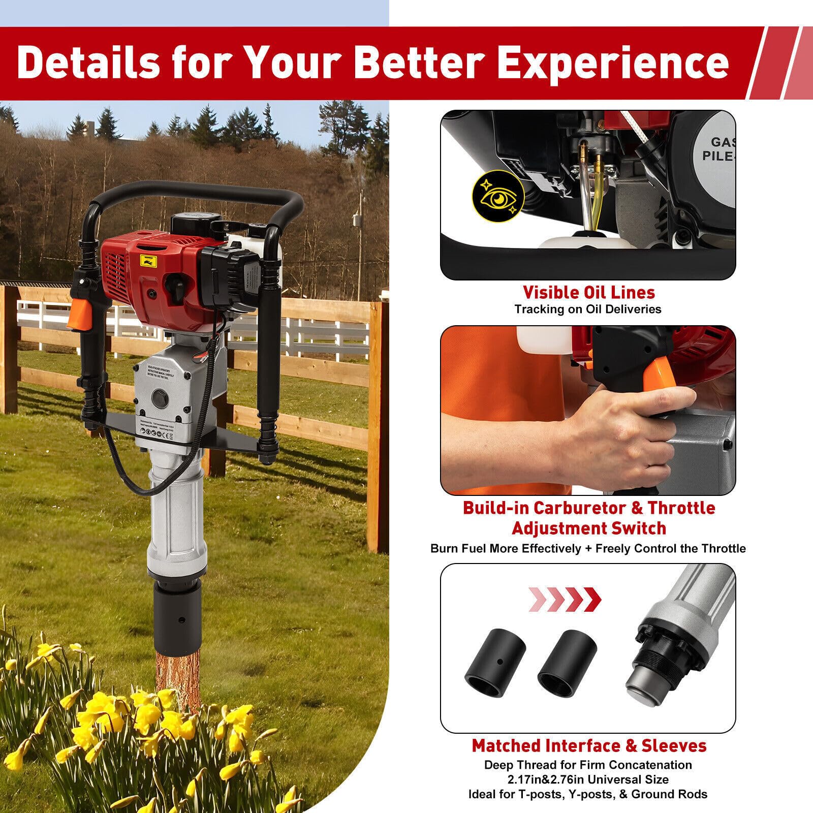 2-Takt-Benzin-Ramme 2.3hp Tragbare T-Pfahl-Ramme 52CC Ramme für Zaunbau mit 2 x 55-70mm Gehäuse für effizienten Zaunbau