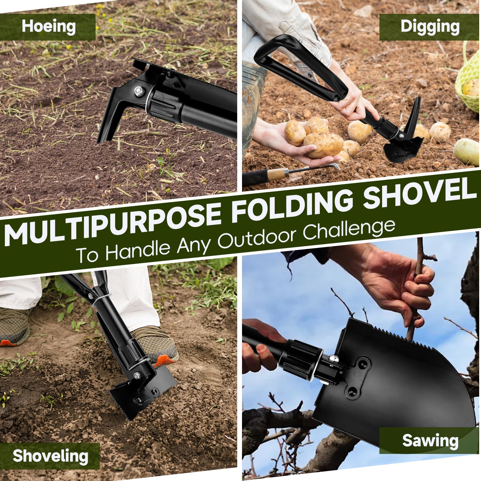Mini pala pieghevole da giardinaggio in acciaio al carbonio portatile da campeggio per attrezzi da campeggio in stile militare, per campeggio, escursionismo, scavo, zaino in spalla, strumento di