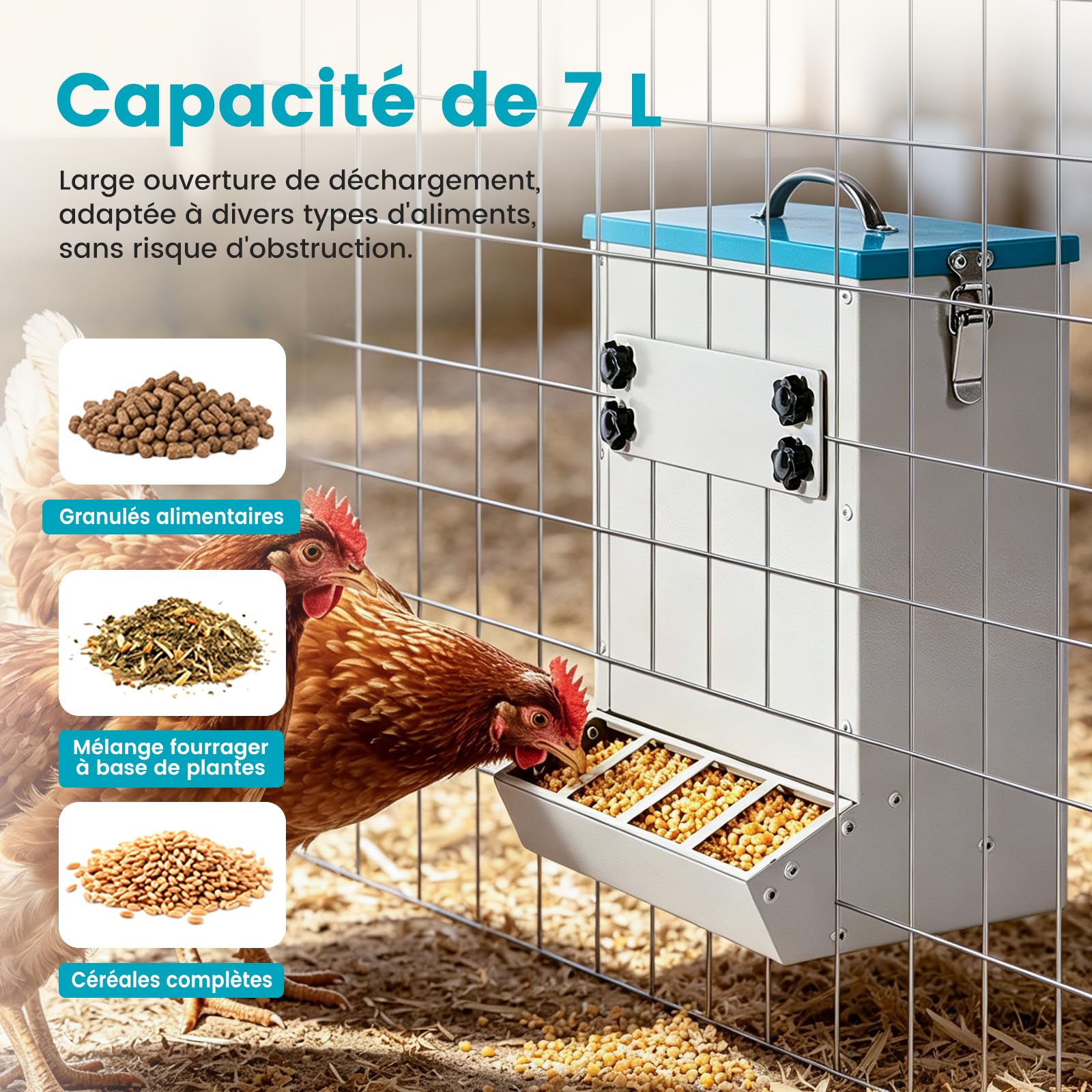 Mangeoire automatique pour poules - 8 l/5 kg - Distributeur de volaille à suspendre