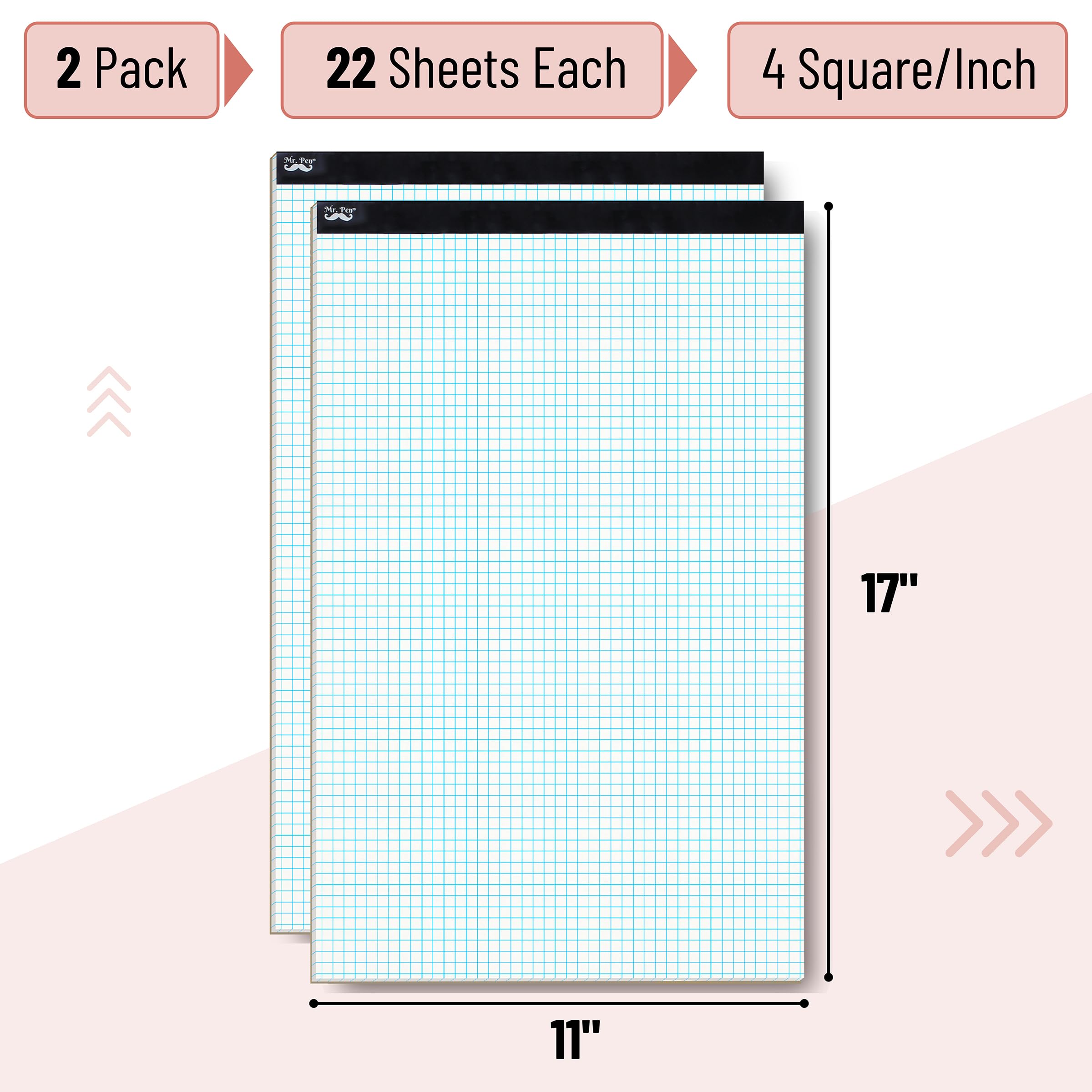 Mr. Pen- Graph Paper, 2 Pack of 22 Sheets, 17"x11", 4x4 (4 Squares per inch), Graphing Paper, Grid Paper Pad, Math Graph Paper Pad, Drafting Paper, Computation Pads, Large Graph Paper - Image 2