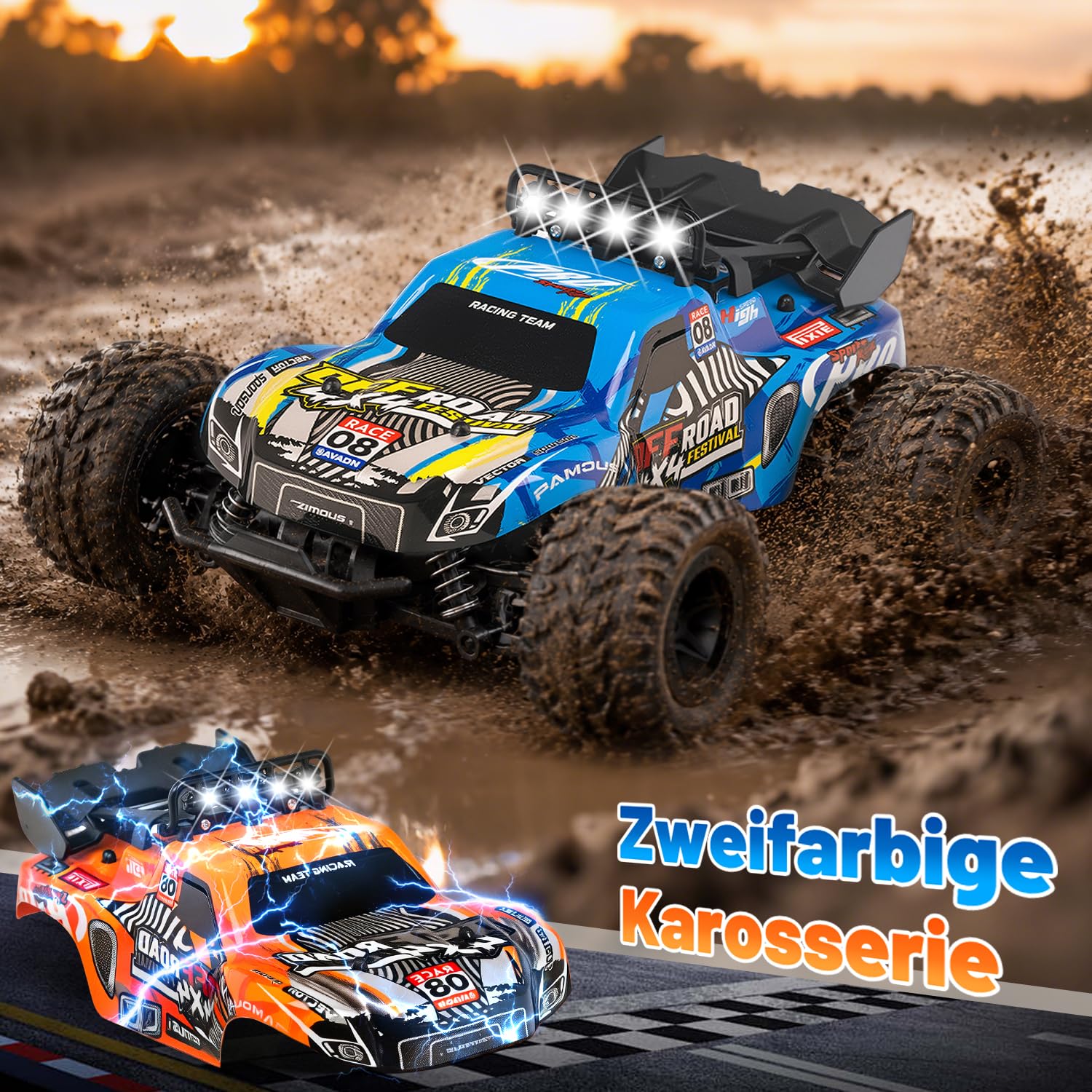 28km/h Ferngesteuertes Auto ab 5 6 jahre, 1:18 Monstertruck Ferngesteuert | RC Auto mit Licht, Ferngesteuertes Auto mit Zwei Karosserie, 2Akku 60 Minuten, 2,4GHz RC Buggy Rennauto ab 5 6 7 8 Jahre