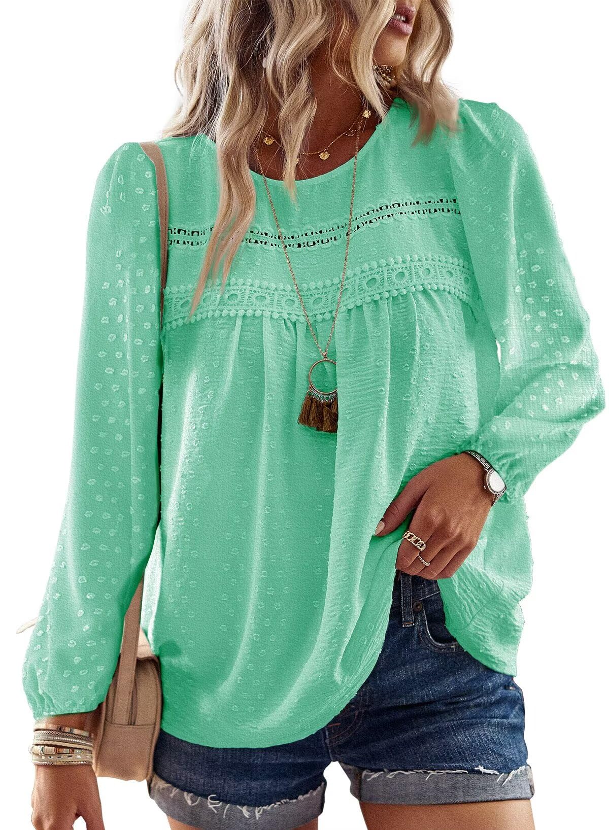 Falechay Womens Tops Flowy Boho Dressy Casual Lace Cute Long Sleeve Shirts