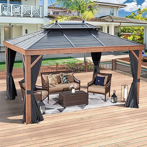 Miniatura 9 de YOLENY Gazebo de 12 x 12 pies con columnas ultragruesas de techo rígido, cenador de metal con marco de aluminio de grano de madera sintética, panel