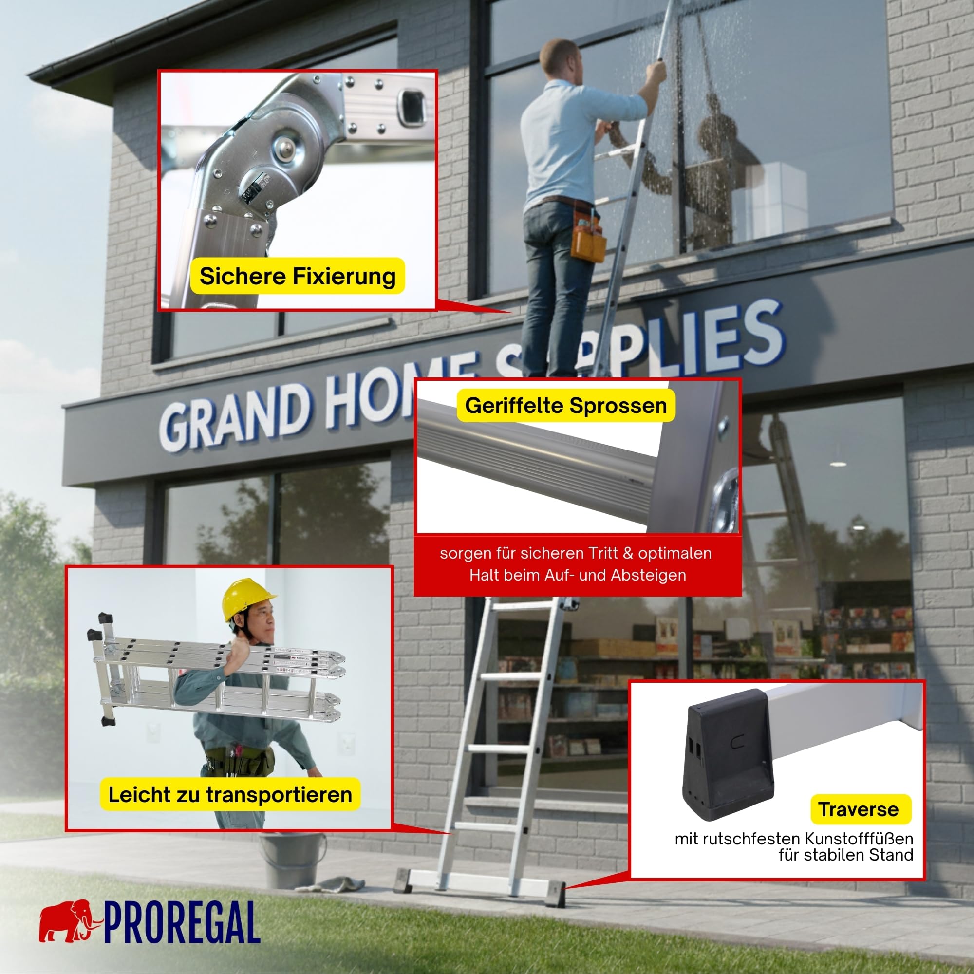 PROREGAL Scala multiuso a pioli MULTISTEP, 4 sezioni in alluminio, 4x5 pioli, altezza fino a 5,7 m, portata 150 kg, ponteggio di lavoro, scala a pioli, scala a pioli appoggiata