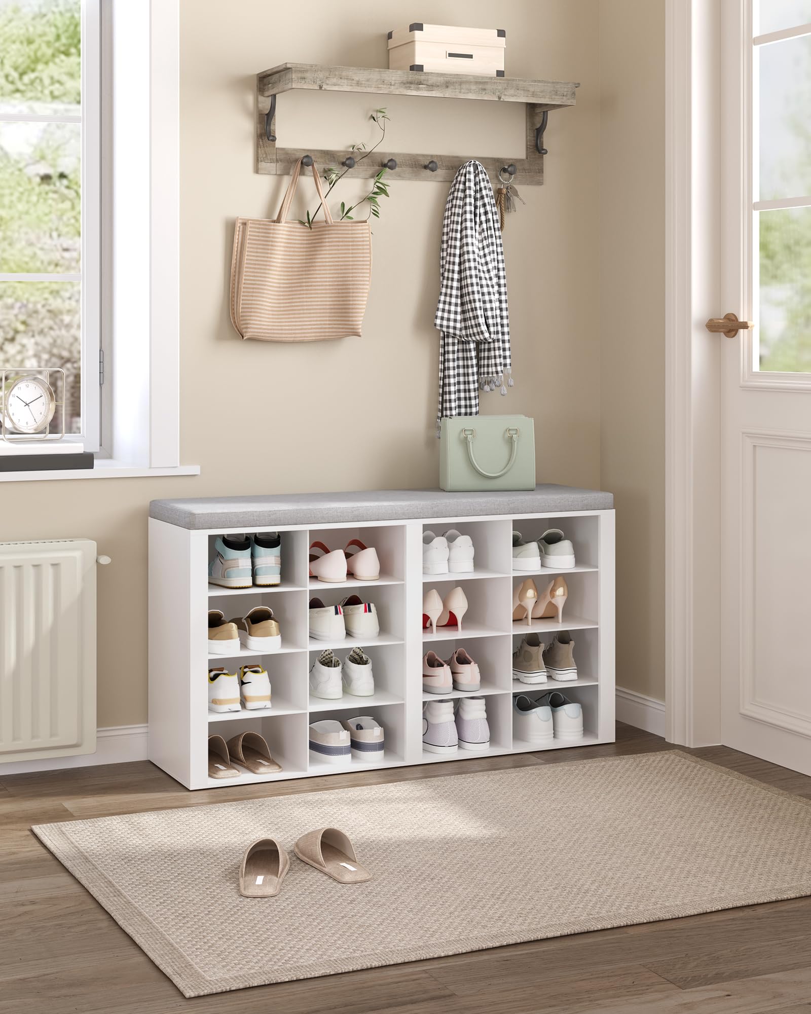Hzuaneri Panca Scarpiera, Scarpiera con Sedile, 16 Scomparti, Organizzatore Portaoggetti, 30 x 104 x 59 cm, per Ingresso, Bianco SB25603GY