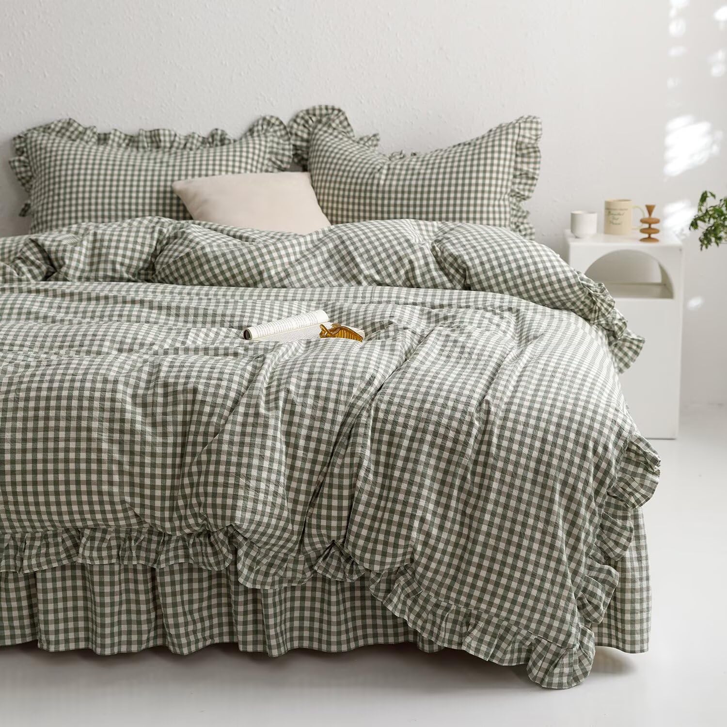 mixinni Green Gingham Ruffle Duvet Cover Queen Size 3 Pieces – 100% Washed Cotton, Vintage Plaid Ruffled Bedding Set with Zipper Ties, Soft Checkered Grid Farmhouse Chic Comforter Cover Set