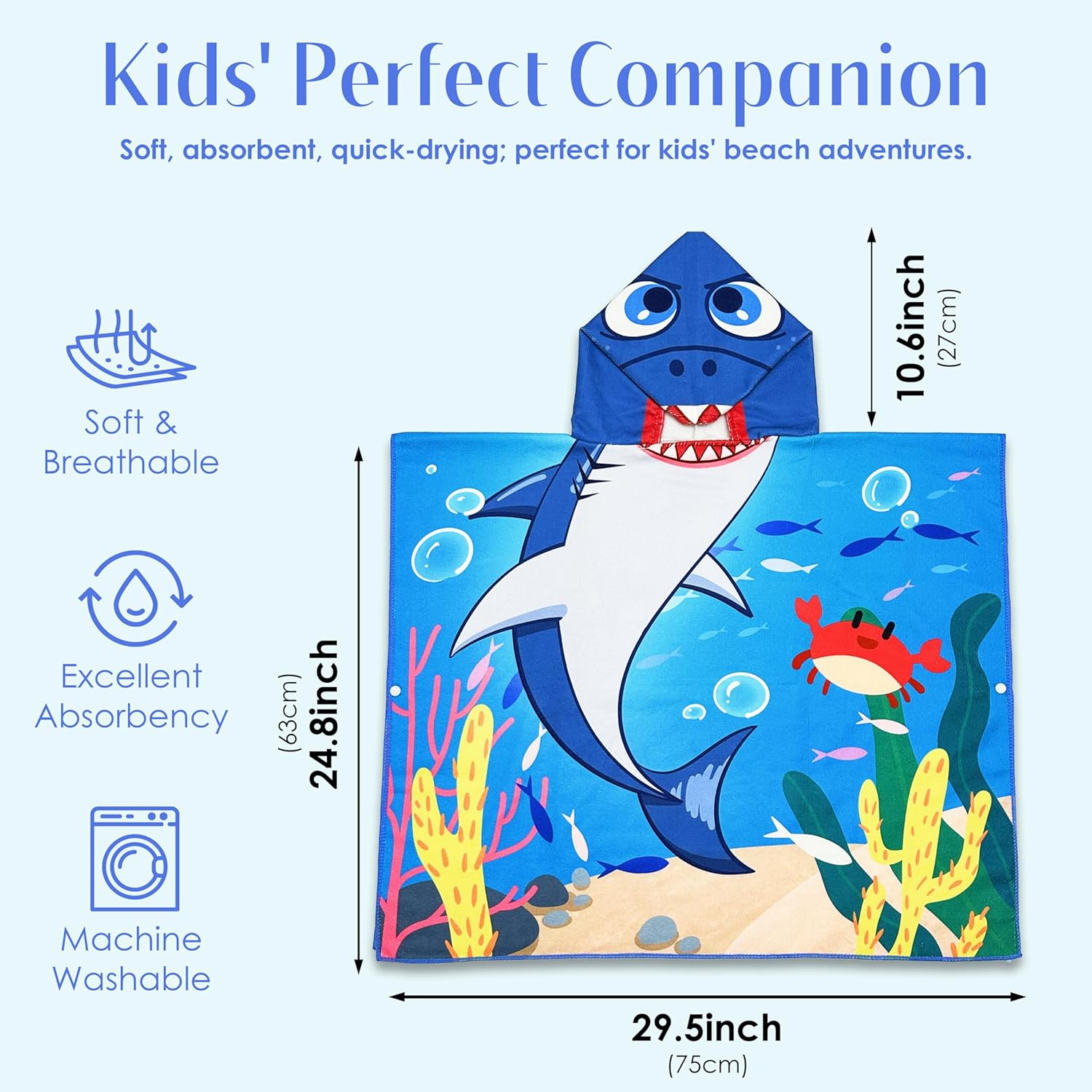 Shark Hooded Towels for Kids, with Backpack, Kids Beach Towel 30"x 25" for 3-10 Years, Shark Gifts for Boys Girls, Toddler Swim Cover Up & Bath Robe for Beach Pool, Soft Microfiber - Image 2