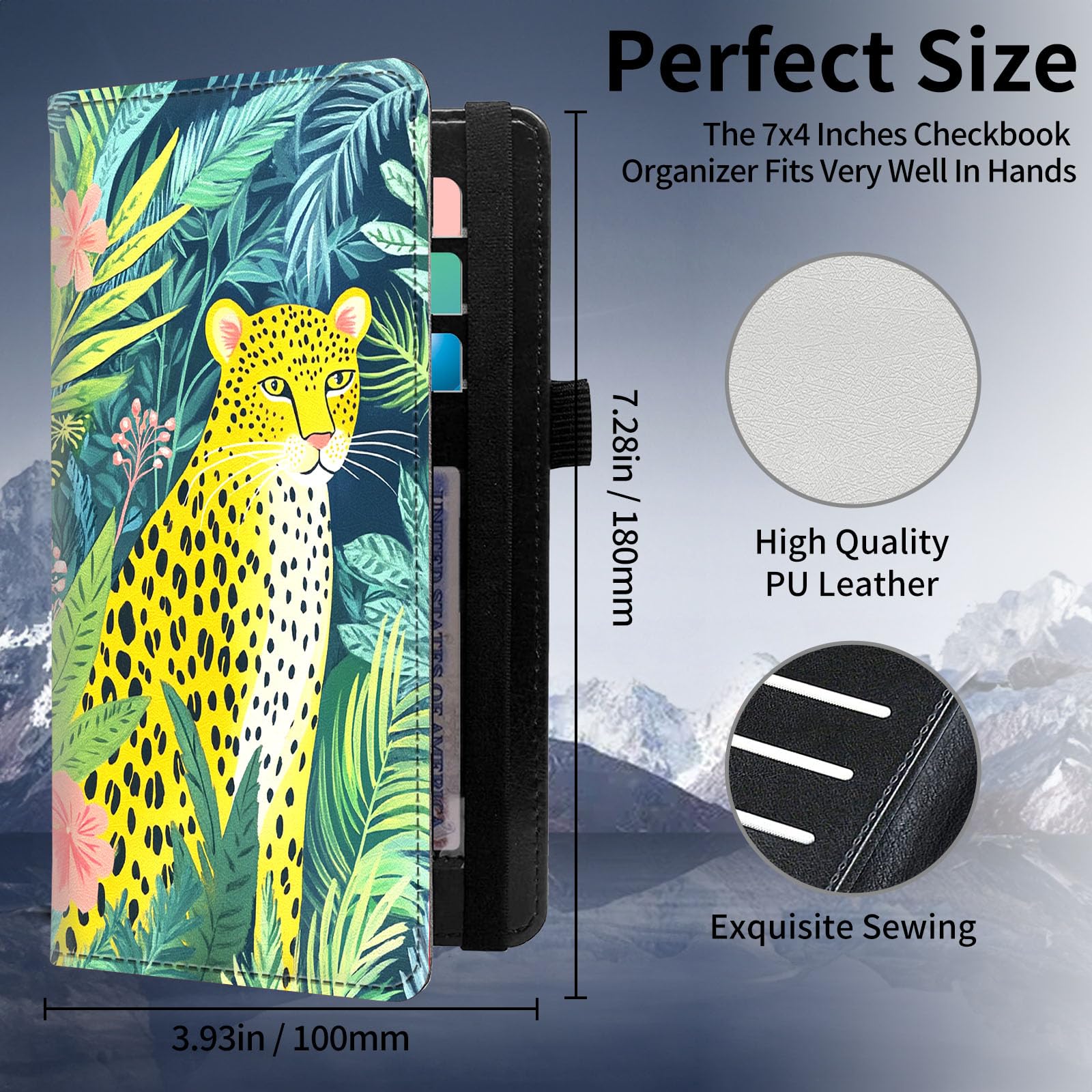 KUJKBFWJ Checkbook Wallet & Holder | Leather Cover for Duplicate/Side-Tear Checks | Slim Check Book Wallet Women & Men with Card Slots, Pen Loop | Premium Unisex Organizer, Leopard in the Jungle