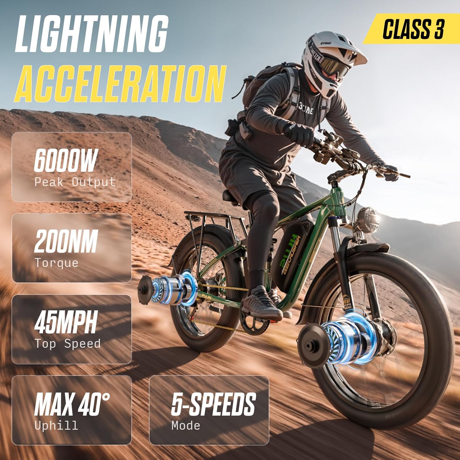 6000W Dual Motors Electric Bike for Adults,60V 20Ah 26" Fat Tire Ebike,45 mph up to 100 Miles Full Suspension Class 3 Electric Bicycle for Snow Off Road Mountain Hunting Commuter