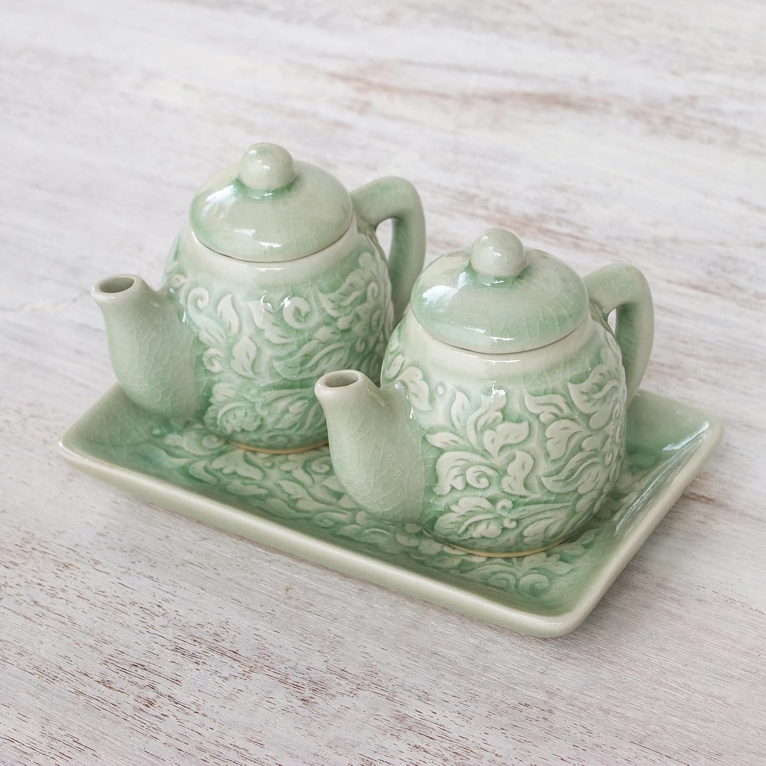 NOVICA Shabby Chic Ceramic Condiment Set, Green, 5 Oz, 'Inseparable' (Pair)