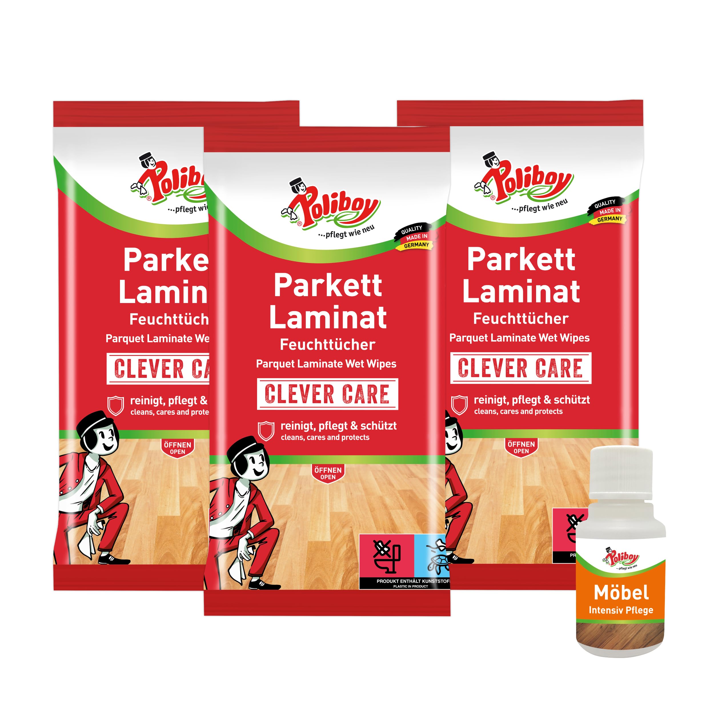 POLIBOY Lot de 3 paquets de 15 lingettes humides pour parquet stratifié – Pour le nettoyage et l'entretien du parquet – Avec échantillon de meubles – Fabriqué en Allemagne