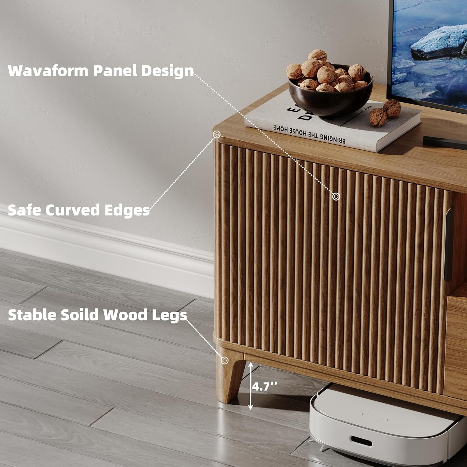 Fluted TV Stand with for TVs up to 65 Inch, Mid Century Modern Entertainment Center with Storage and Adjustable Shelves, Wooden TV Table, Media TV Console, TV Cabinet (Walnut, 59 "* 15.7" * 20.4")