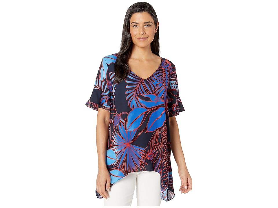

eci V-Neck Flutter Sleeve Tropical Top (Navy) Women's Clothing