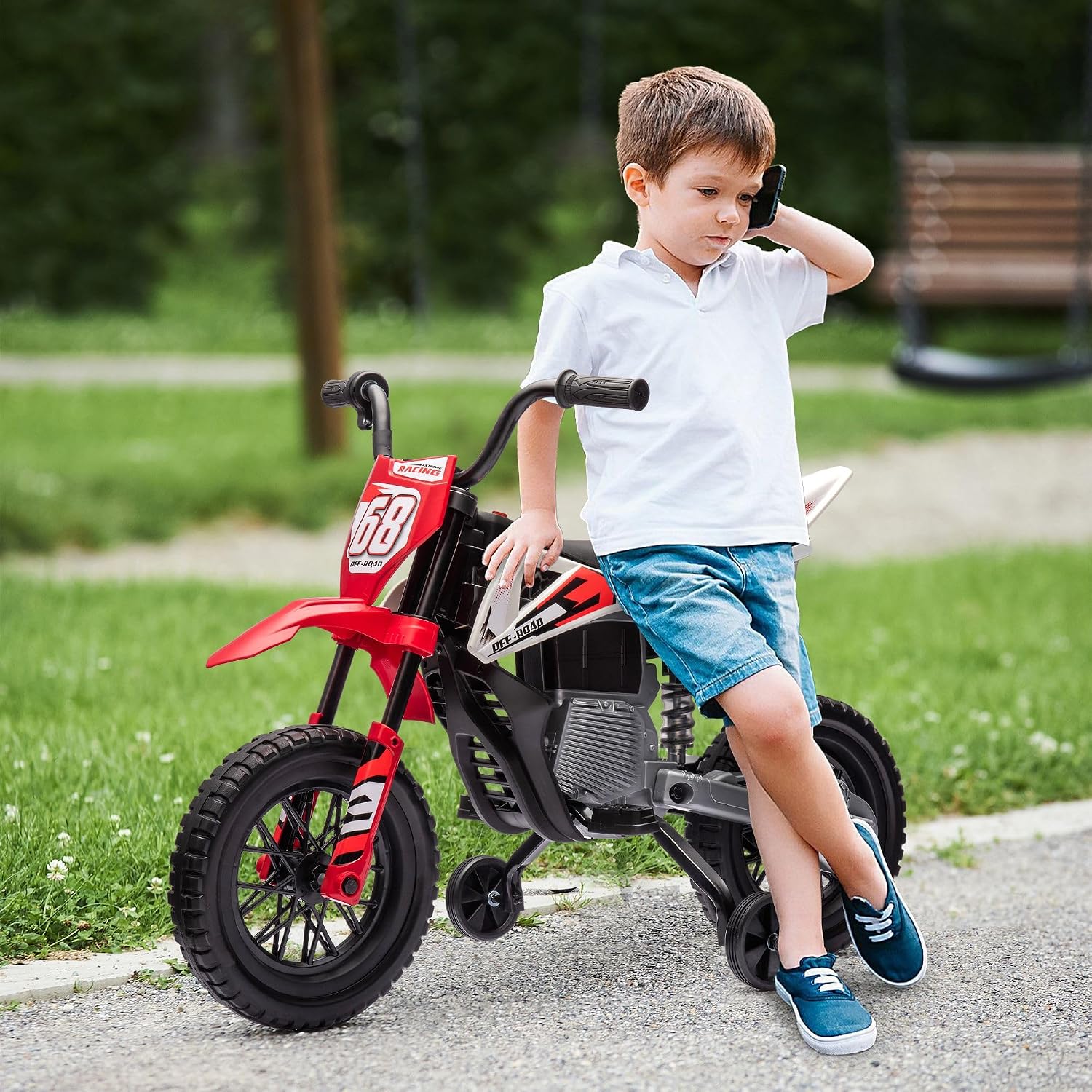12V Electric Motorcycle with Standard Twist Grip Throttle, Fixed Training Wheels, Enhanced Rear Suspension, Stereo Music System in Sun Red Color