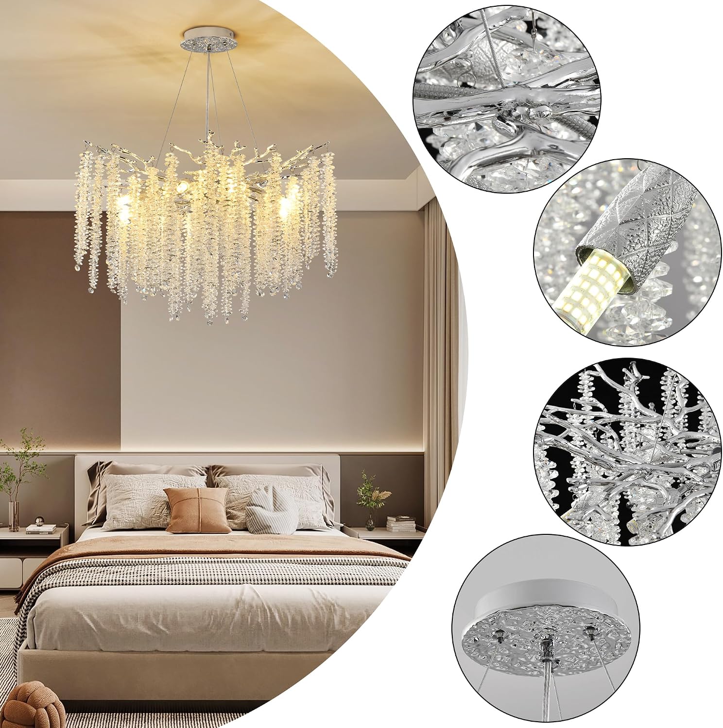 Modern Crystal Tree Branch Chandelier, Chrome Round Art Deco Raindrop Lighting Fixture for Dining Room Bedroom Foyer 6 Lights D18''