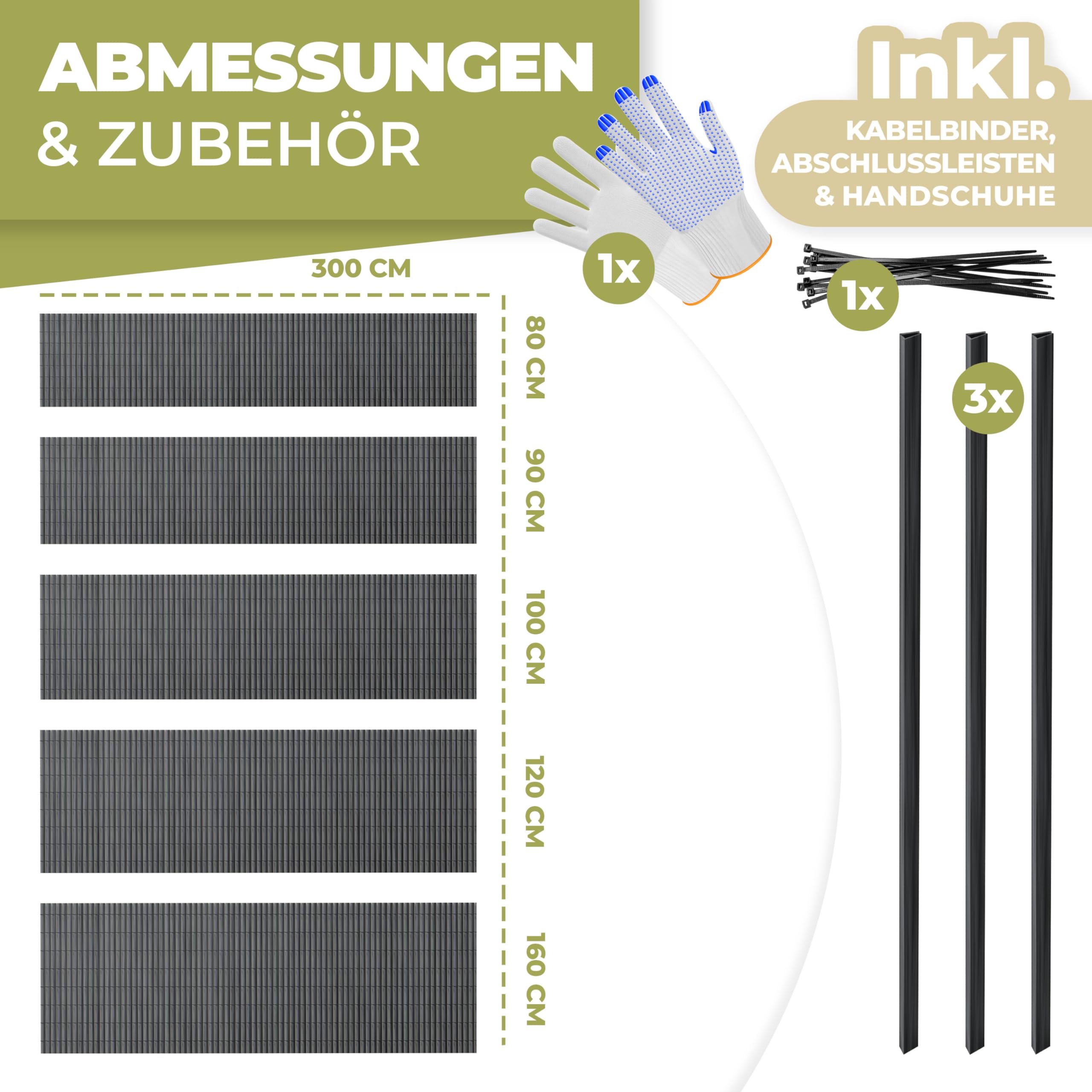 KESSER® Estera de protección visual de PVC, 160 x 300 cm, revestimiento de balcón, protección contra el viento, láminas reforzadas para jardín, balcón y terraza, incluye bridas, cubierta y guantes