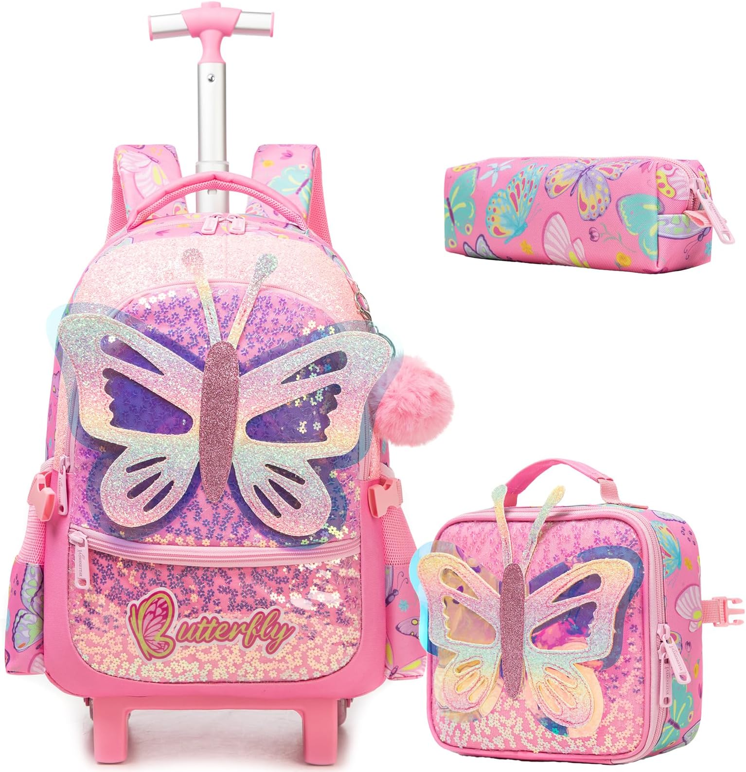 Butterfly Girls Rolling Backpack Kids Trolley School Bag with Wheels Rolling Backpack for Kids 8-12 Roller Backpacks for Girls Cute Schoolbag with Lunch Bag Set for Elementary