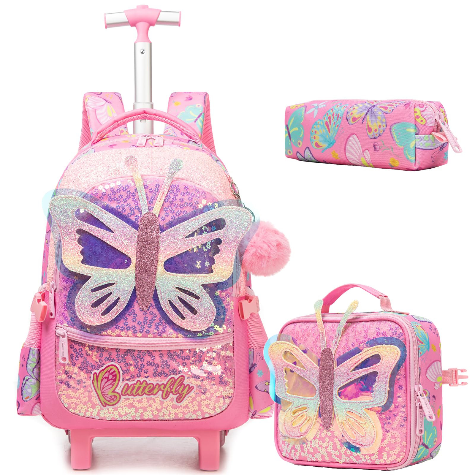 ZBAOGTW Butterfly Girls Rolling Backpack Kids Trolley School Bag with Wheels Rolling Backpack for Kids 8-12 Roller Backpacks for Girls Cute Schoolbag