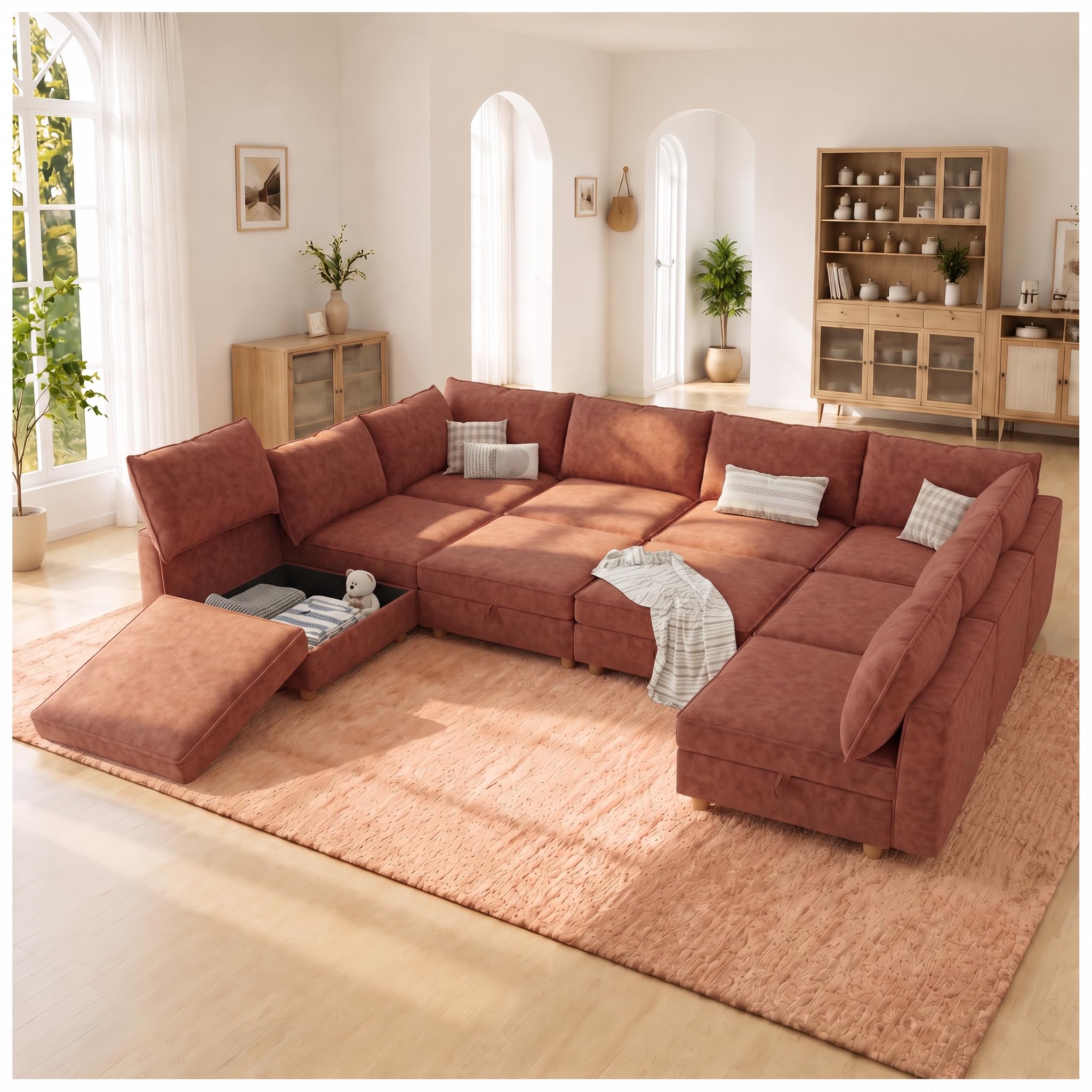 128" Chenille Modular Sofa Bed with Washable Covers &amp; Storage, 10-Seater Modular Sectional Sleeper Sofa Bed with Movable Ottoman Chaise, Convertible Sleeper Sectional Couches for Living Room, Orange