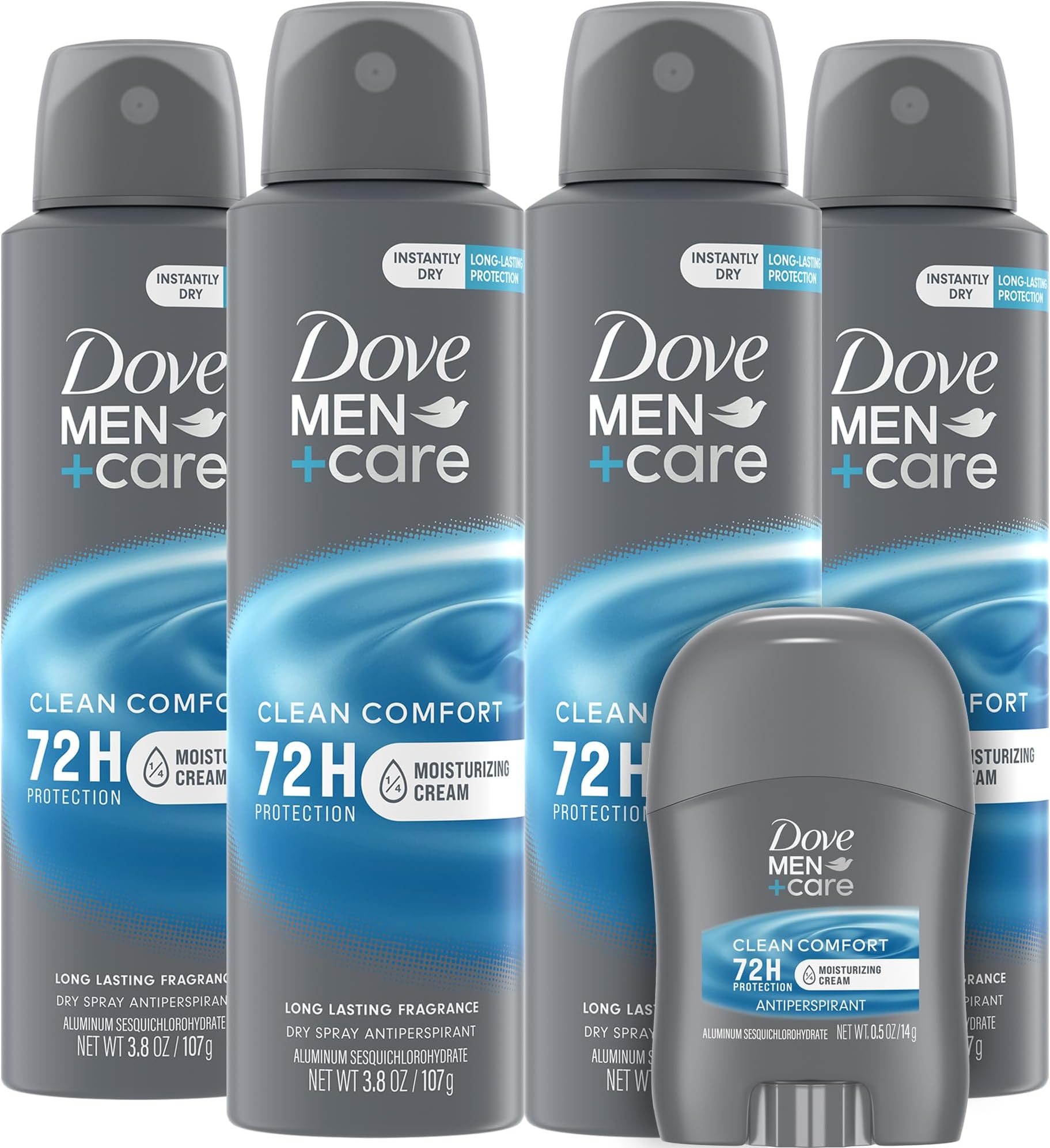 Men+Care Dry Spray Antiperspirant for Men 4-Pack (3.8 Oz Ea) + Travel Deodorant Stick (0.5 Oz) – 72H Protection, Long-Lasting Clean Comfort Fragrance