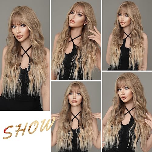 Miniatura 5 de 7JHH WIGS Peluca larga ondulada con flequillo de 26 pulgadas, rubio ceniza natural, resistente al calor, pelucas rizadas de fibra sintética para