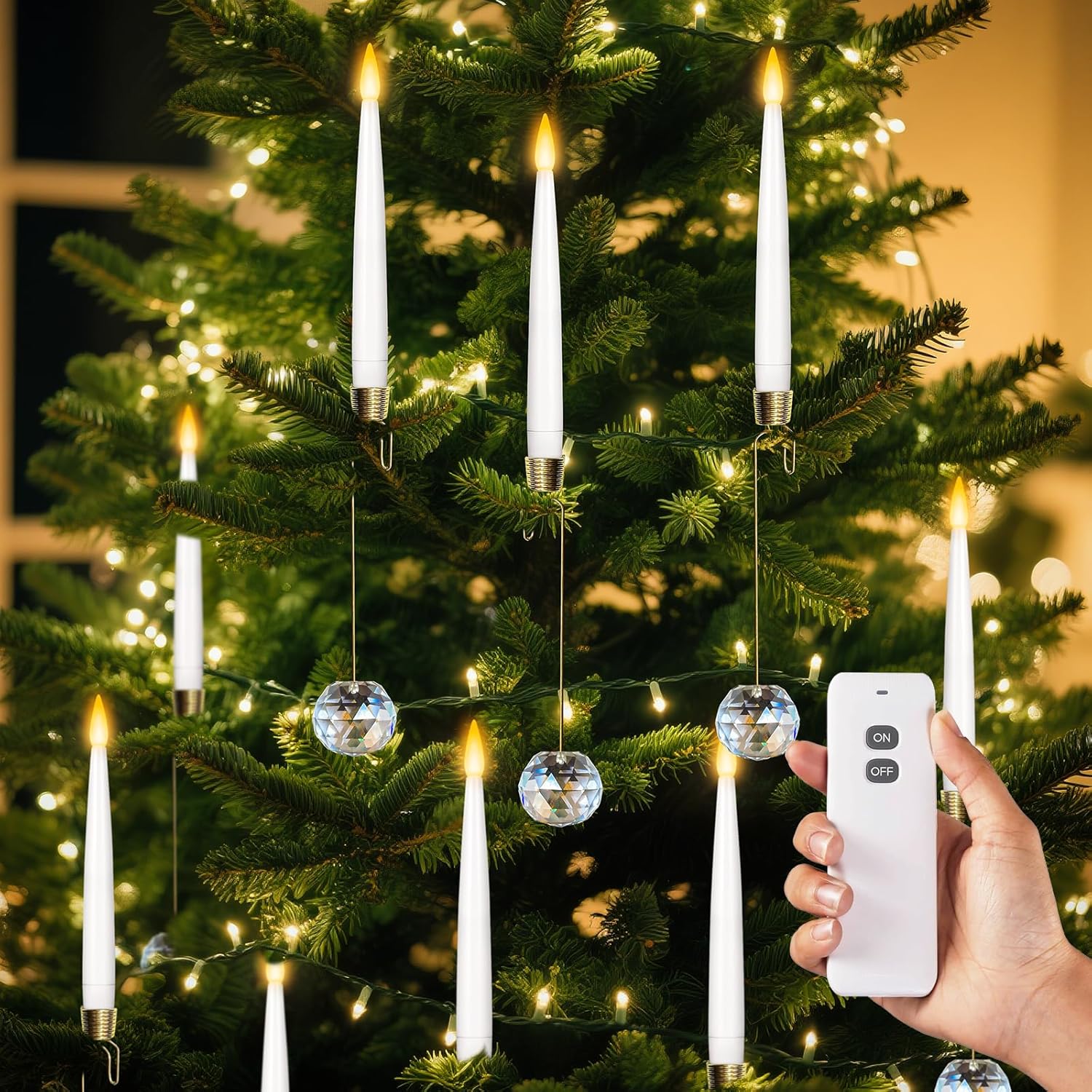 0.4" x6" LED Short Taper Candles with 12 Crystal Ball Hooks, 12 Pcs Flameless Christmas Tree Hanging Candles with Remote, Battery Operated Taper Candle for Xmas, Home, Indoor and Party